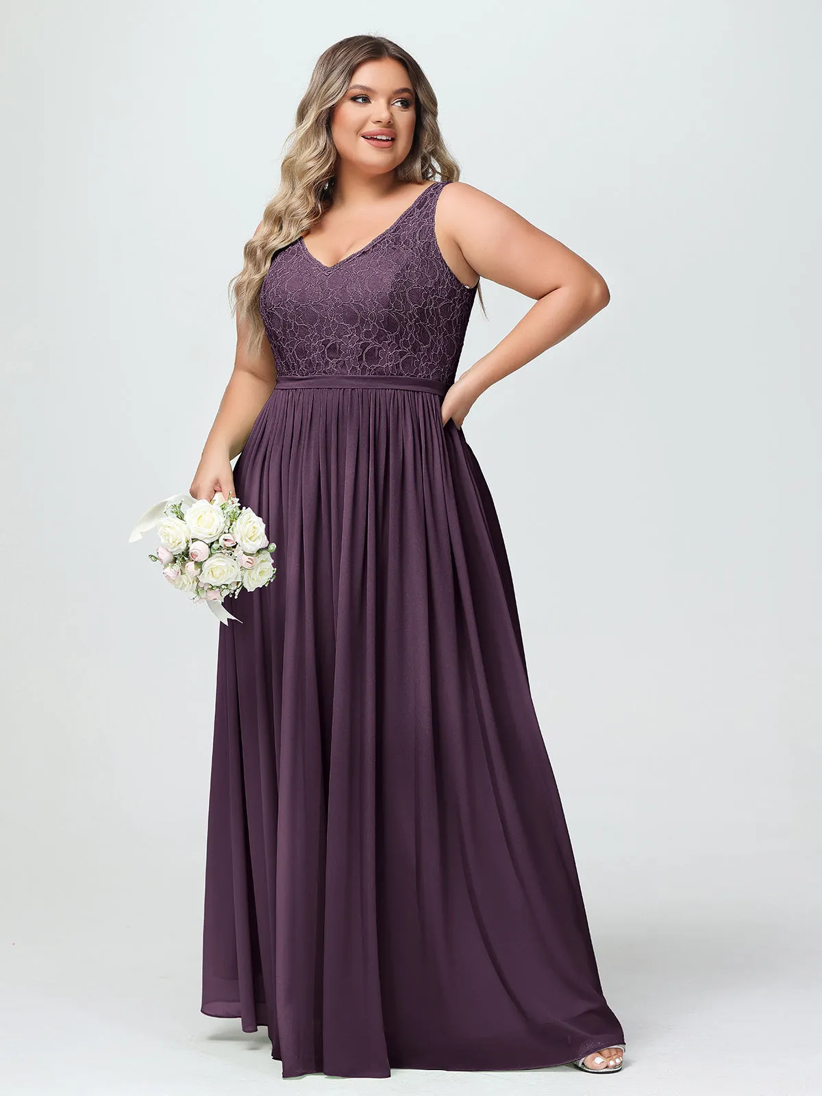 Lace Top and Chiffon Bottom Long Dresses Plum