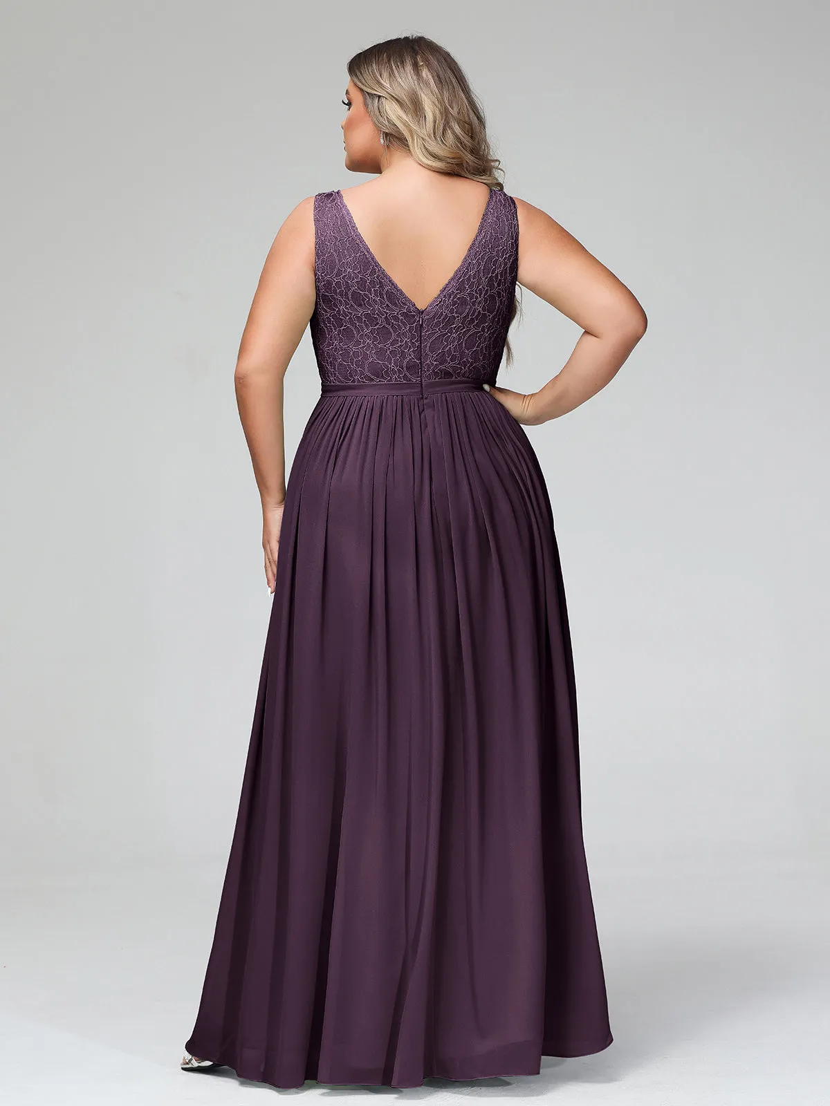 Lace Top and Chiffon Bottom Long Dresses Plum