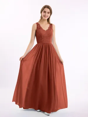 Lace Top and Chiffon Bottom Long Dresses Rust