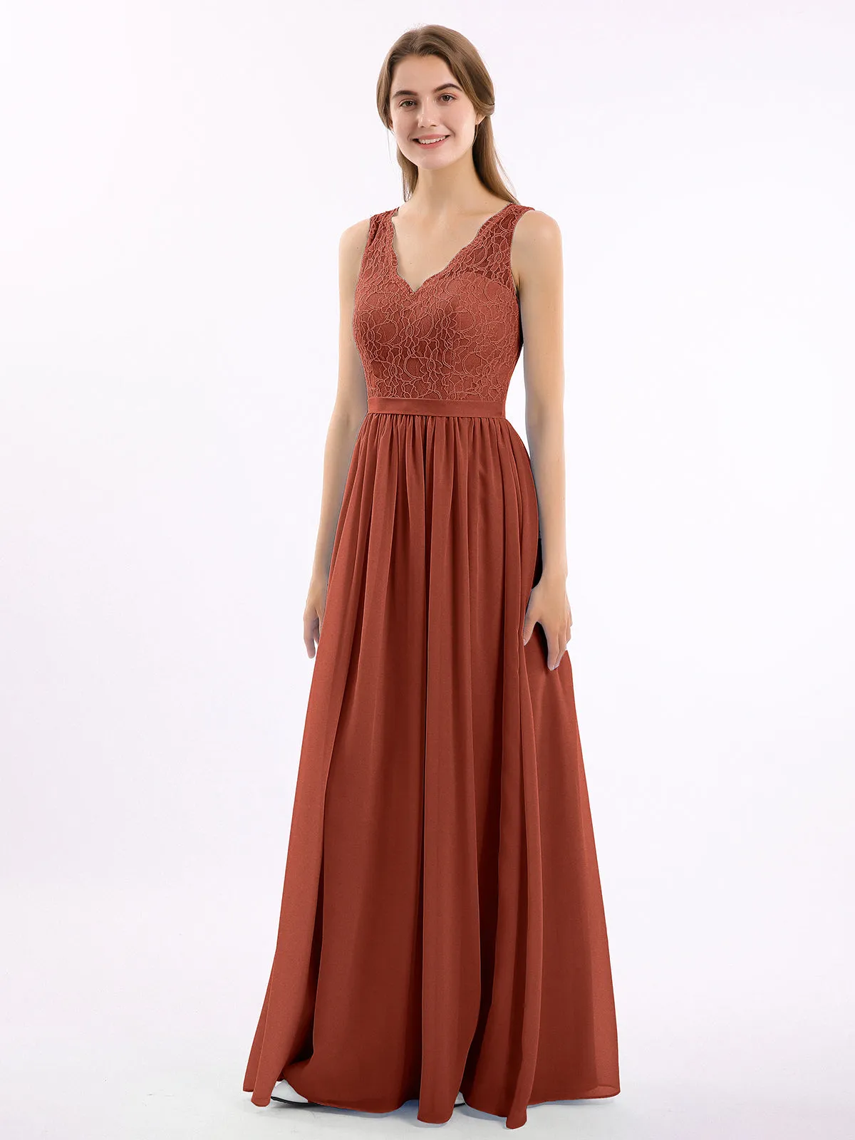Lace Top and Chiffon Bottom Long Dresses Rust