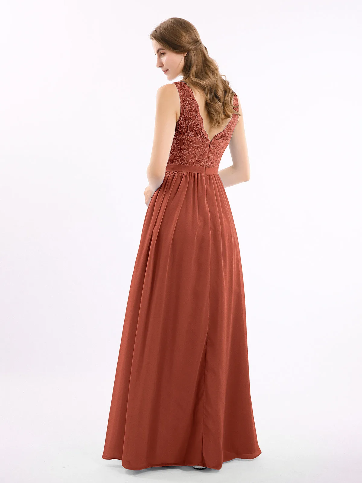 Lace Top and Chiffon Bottom Long Dresses Rust
