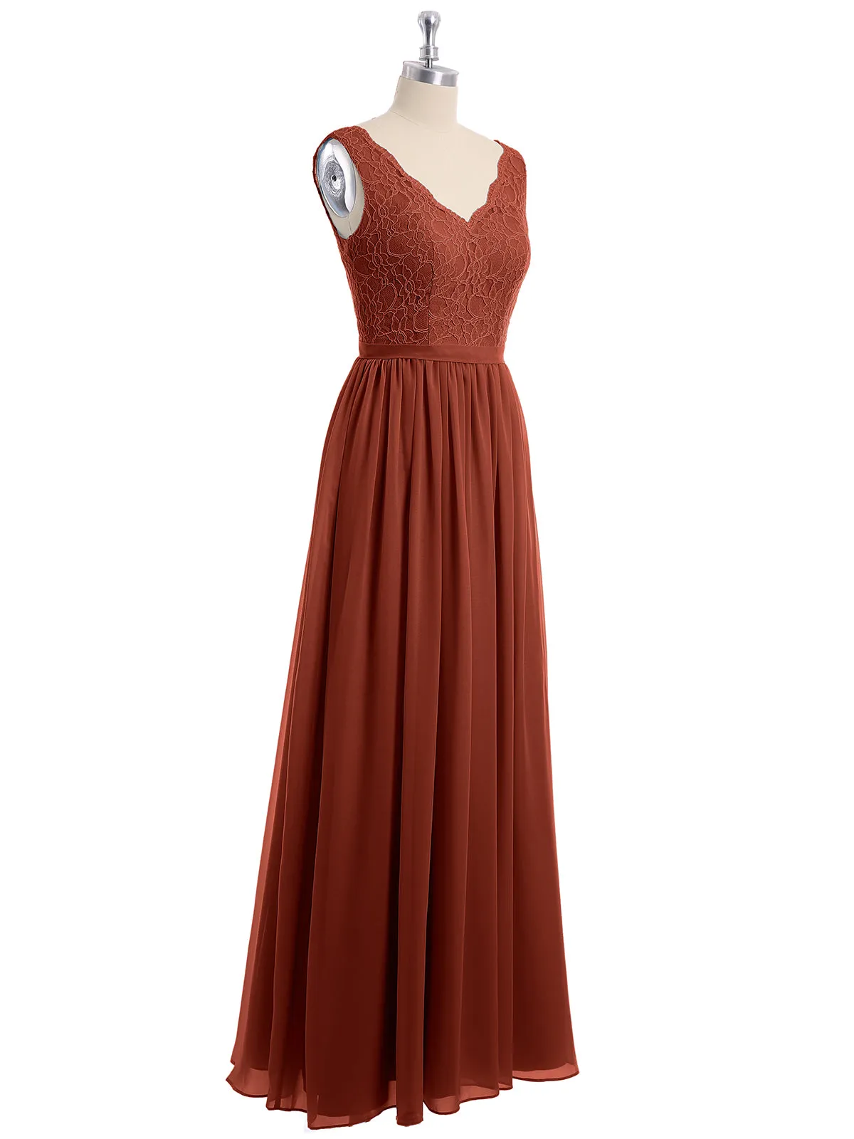 Lace Top and Chiffon Bottom Long Dresses Rust