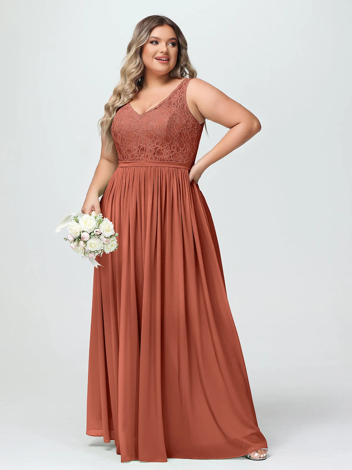 Lace Top and Chiffon Bottom Long Dresses Rust