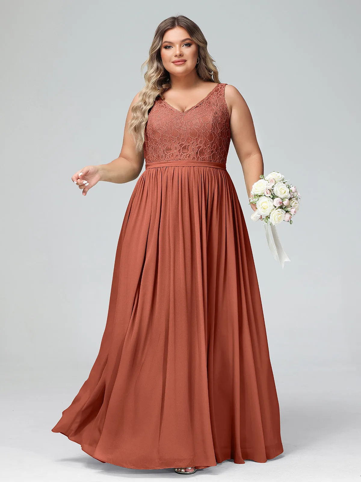 Lace Top and Chiffon Bottom Long Dresses Rust
