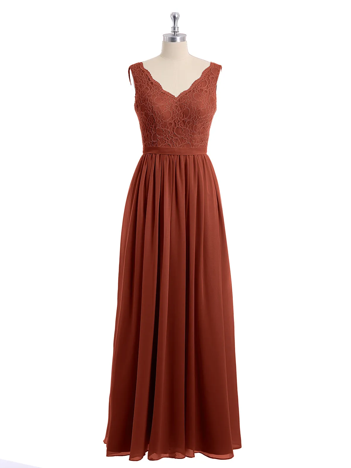 Lace Top and Chiffon Bottom Long Dresses Rust