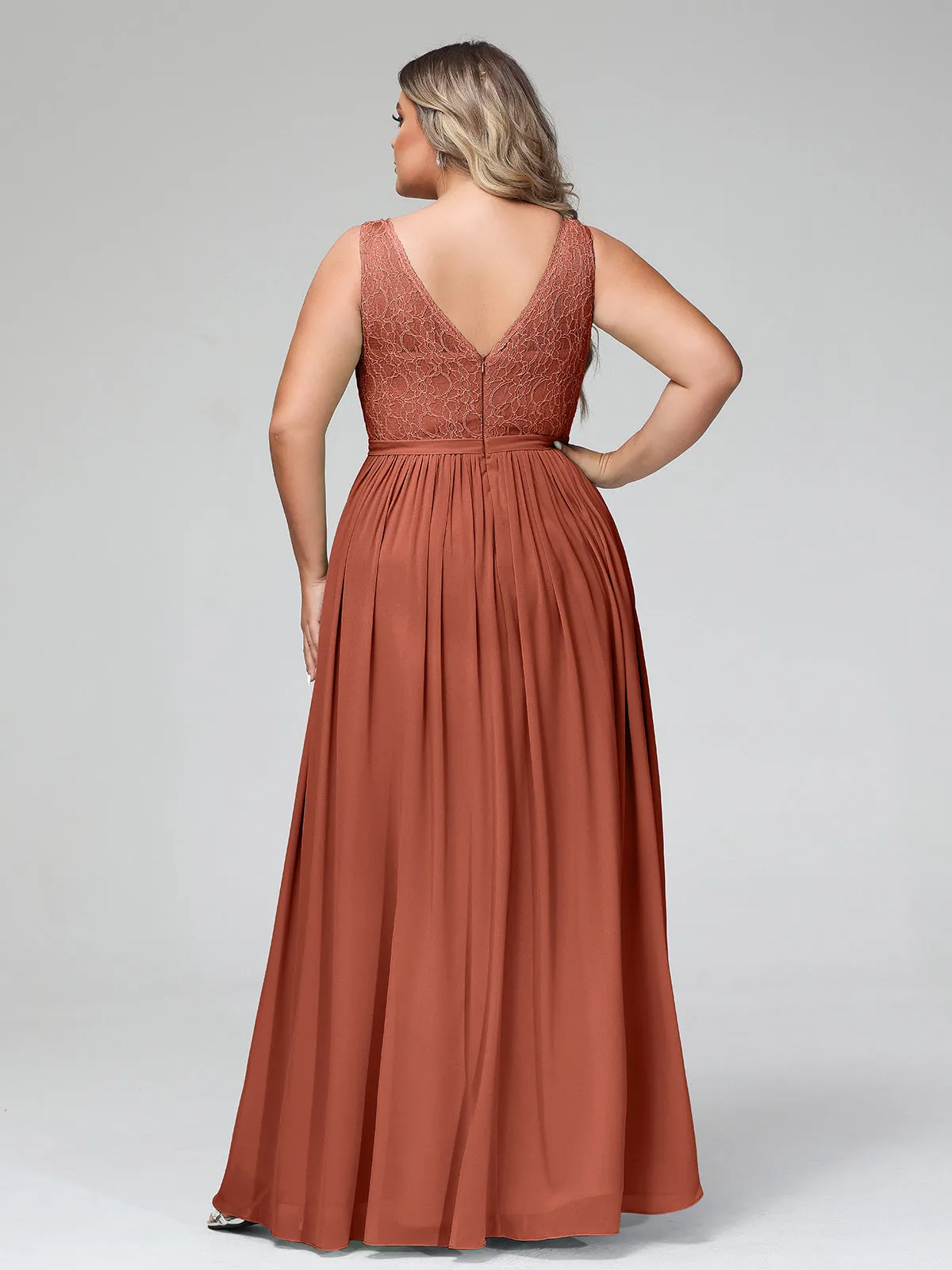 Lace Top and Chiffon Bottom Long Dresses Rust