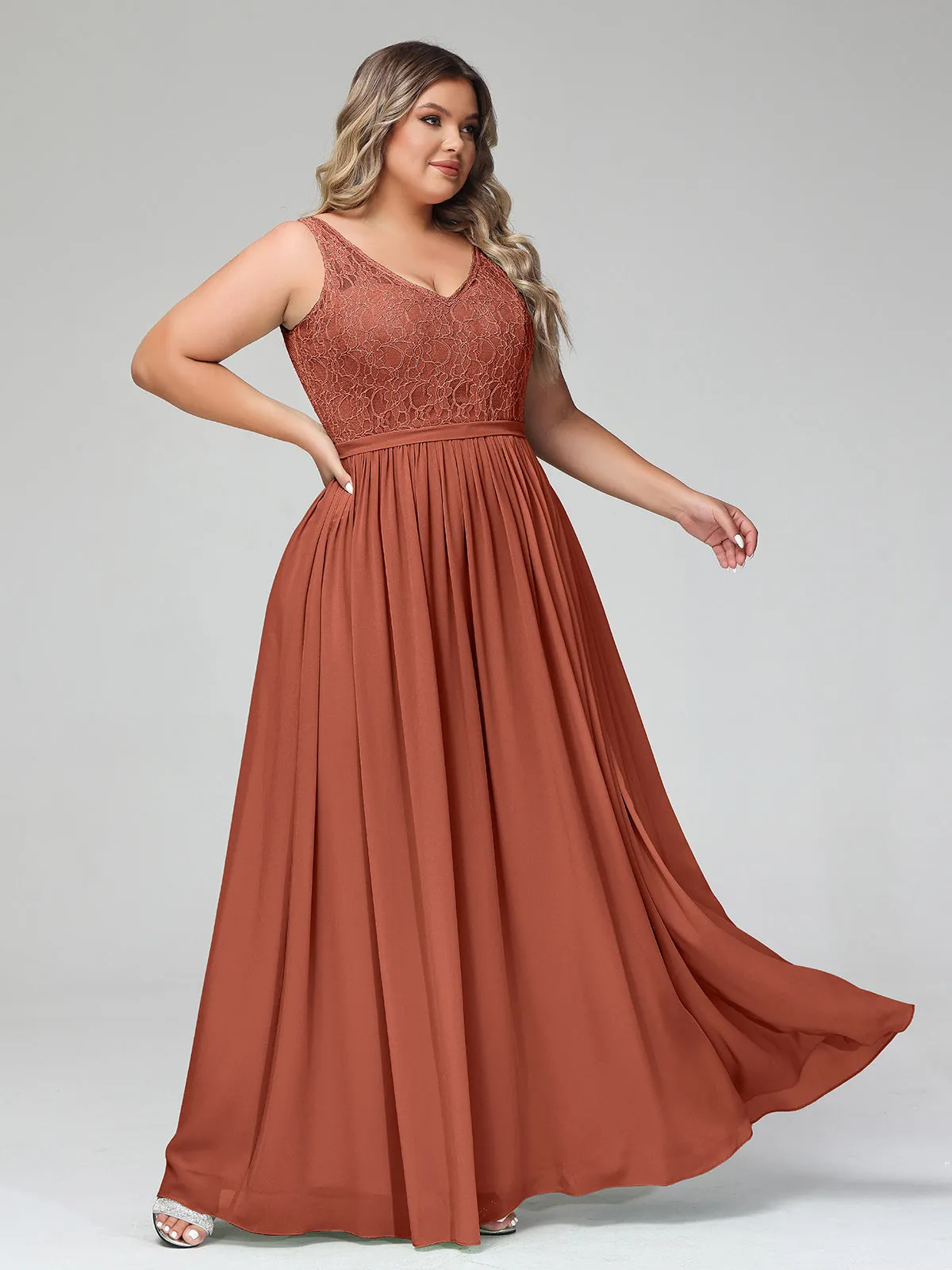 Lace Top and Chiffon Bottom Long Dresses Rust