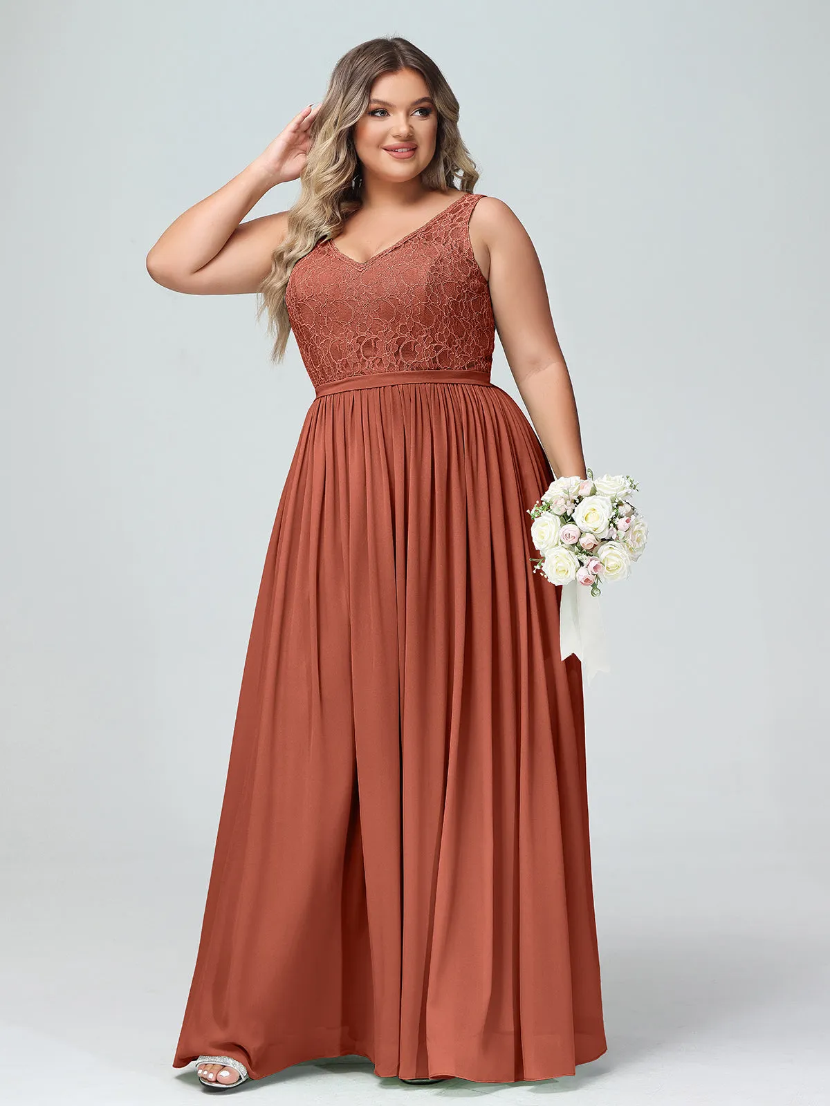 Lace Top and Chiffon Bottom Long Dresses Rust