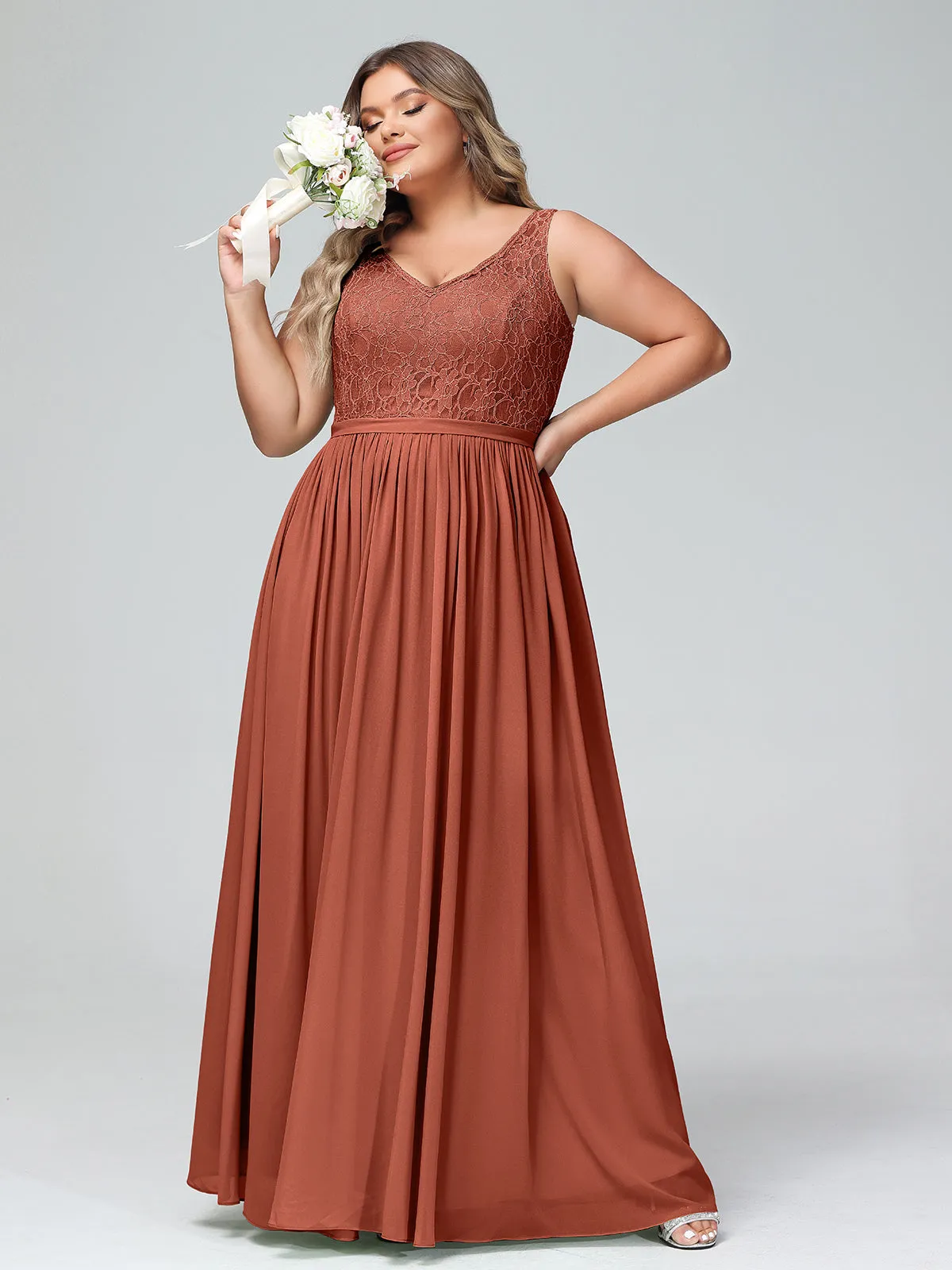 Lace Top and Chiffon Bottom Long Dresses Rust