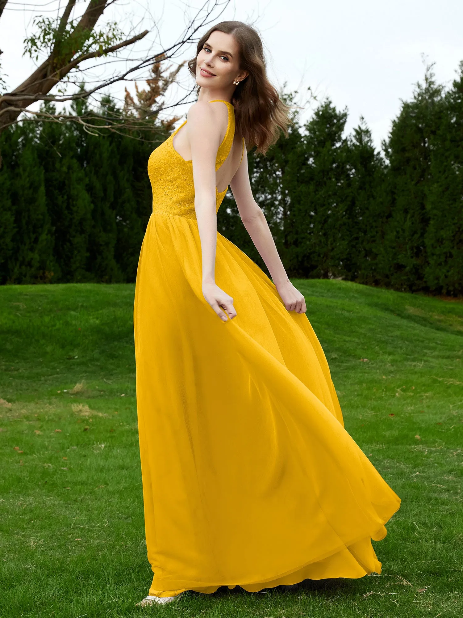 Lace Tulle Bridesmaid Gown Halter Neckline Marigold Plus Size