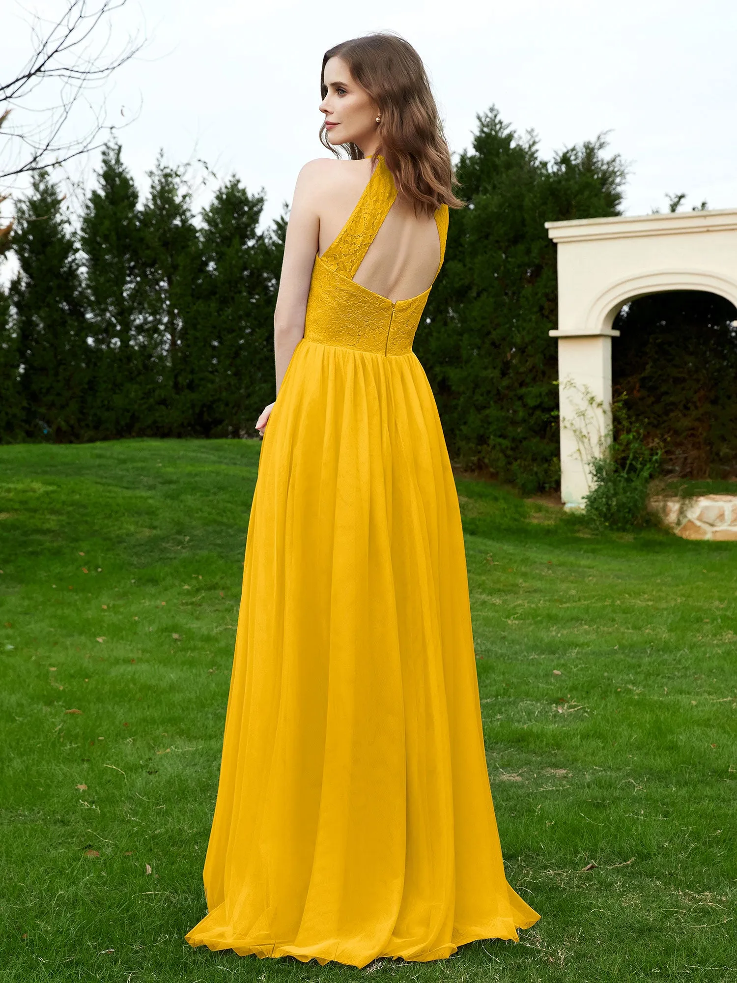 Lace Tulle Bridesmaid Gown Halter Neckline Marigold Plus Size