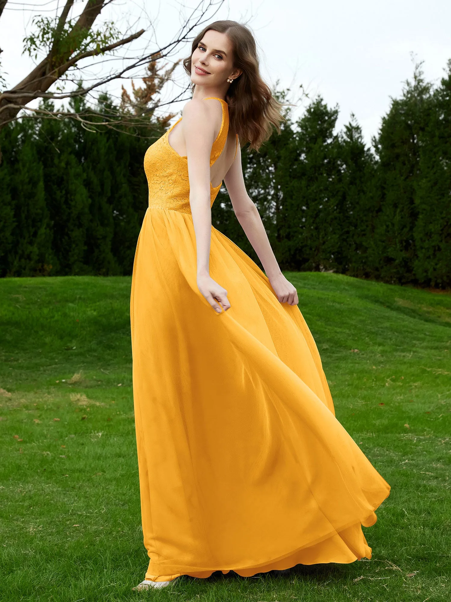 Lace Tulle Bridesmaid Gown Halter Neckline Tangerine Plus Size