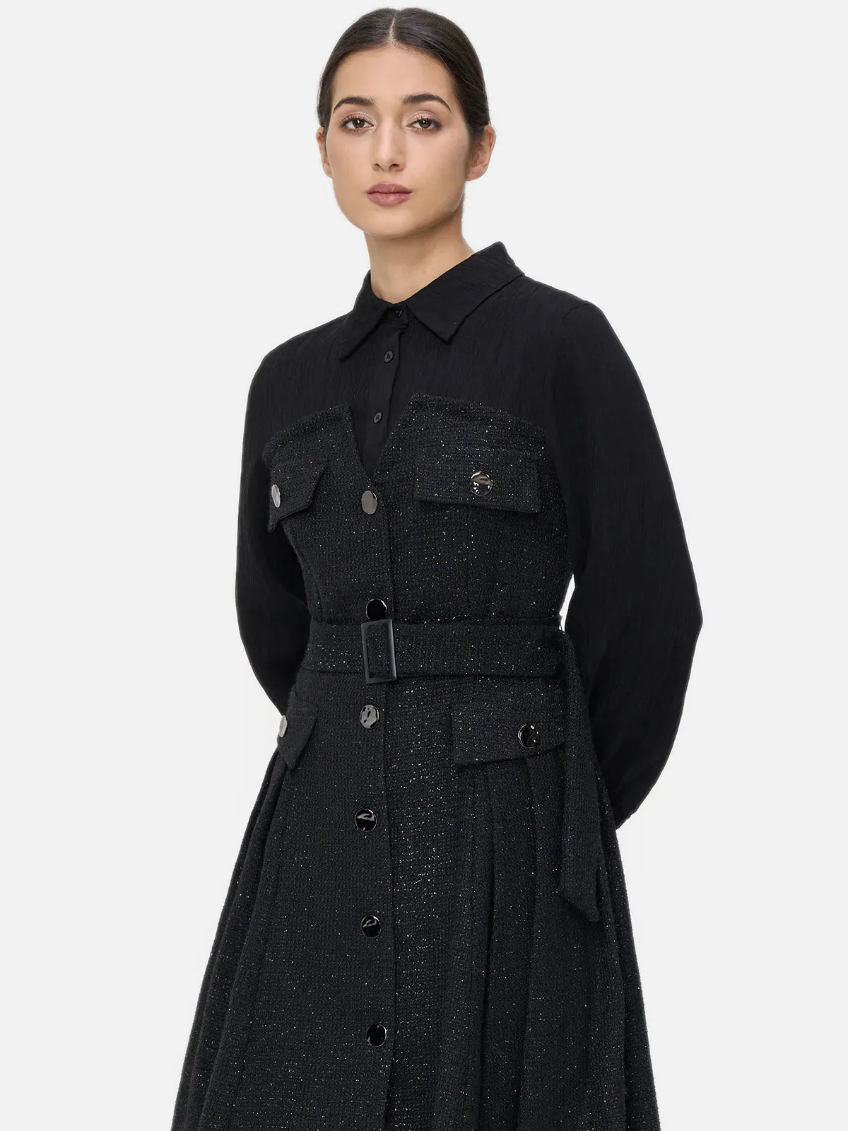 Lapel Patchwork Long Sleeve Dress