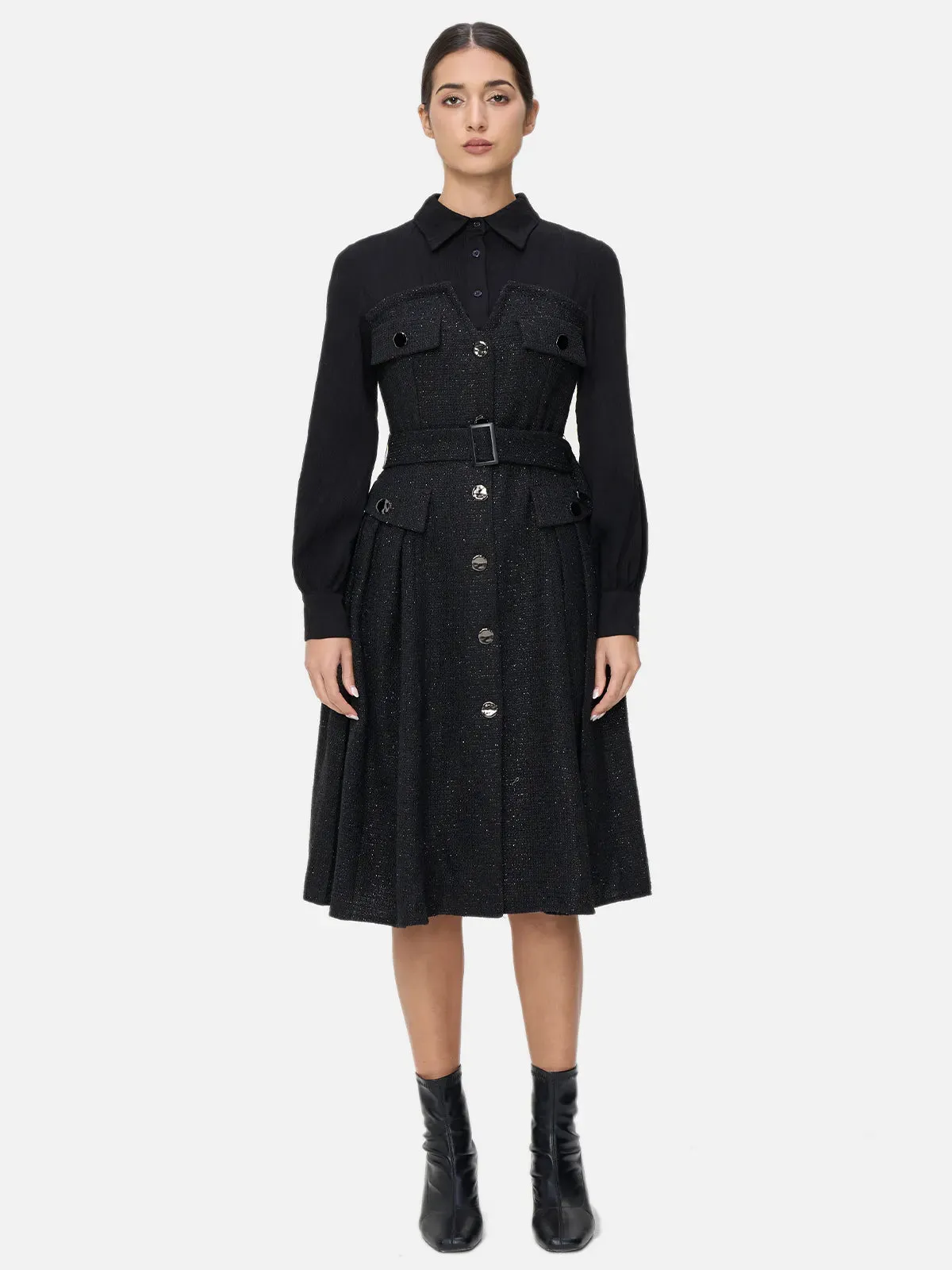 Lapel Patchwork Long Sleeve Dress