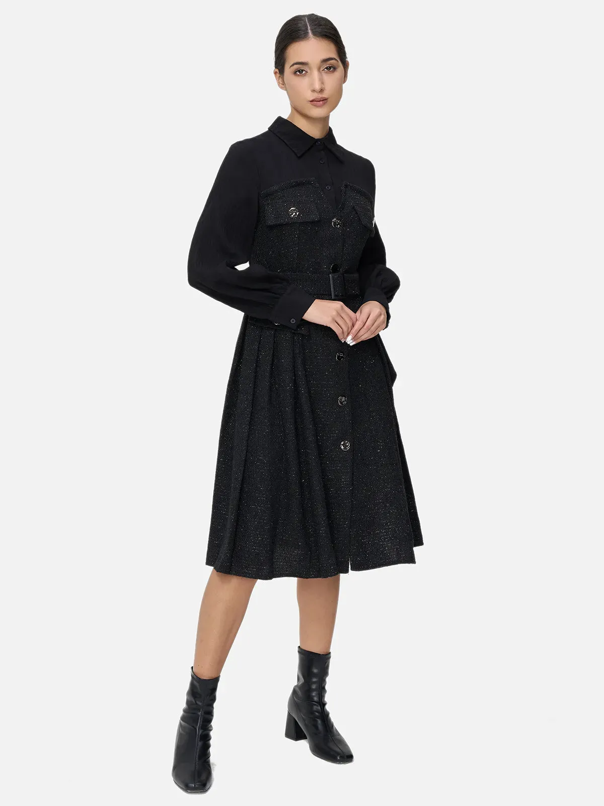 Lapel Patchwork Long Sleeve Dress