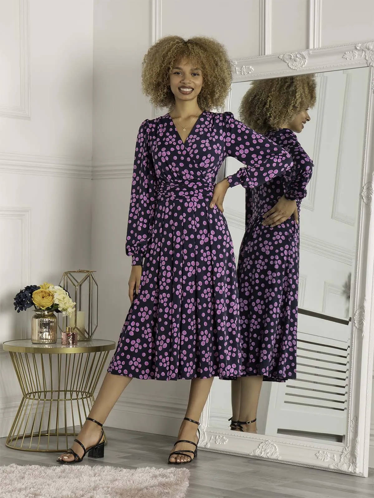 Libby Long Sleeve Midi Dress, Navy Spot
