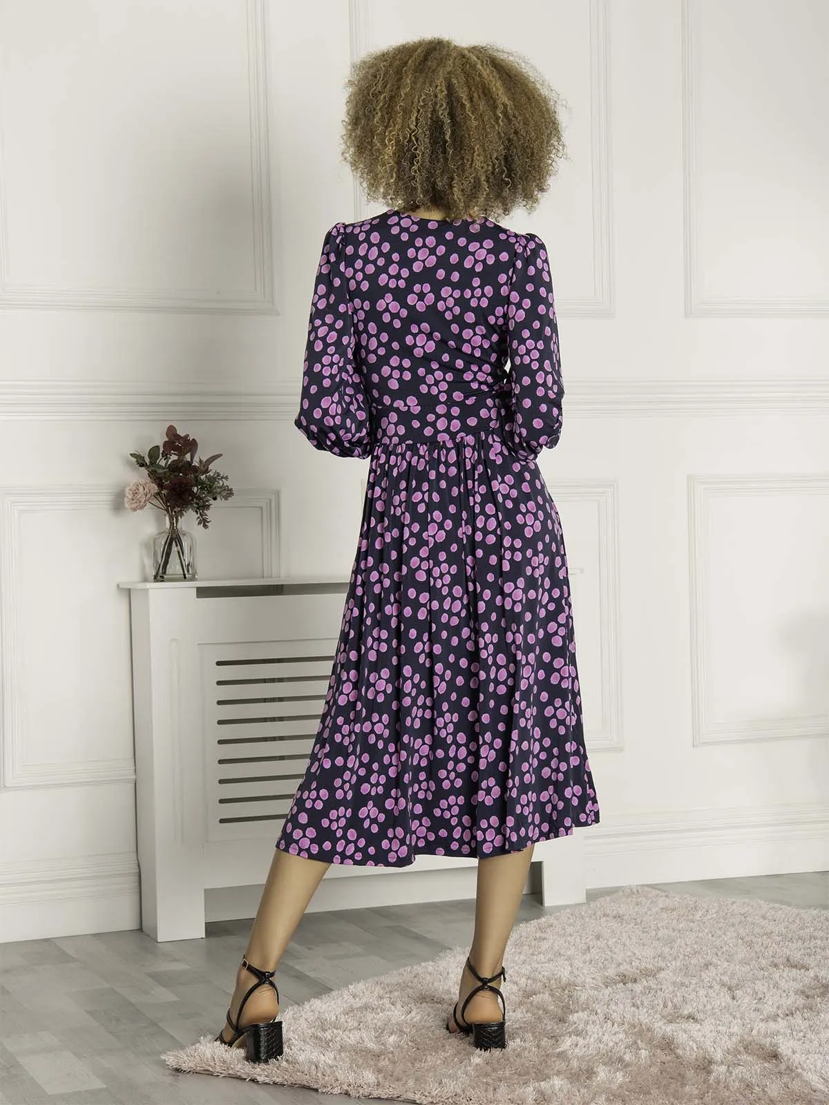 Libby Long Sleeve Midi Dress, Navy Spot