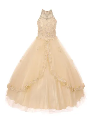 Little Girls Champagne Dazzling Rhinestone Pearls Halter Neck Pageant Dress 2-6