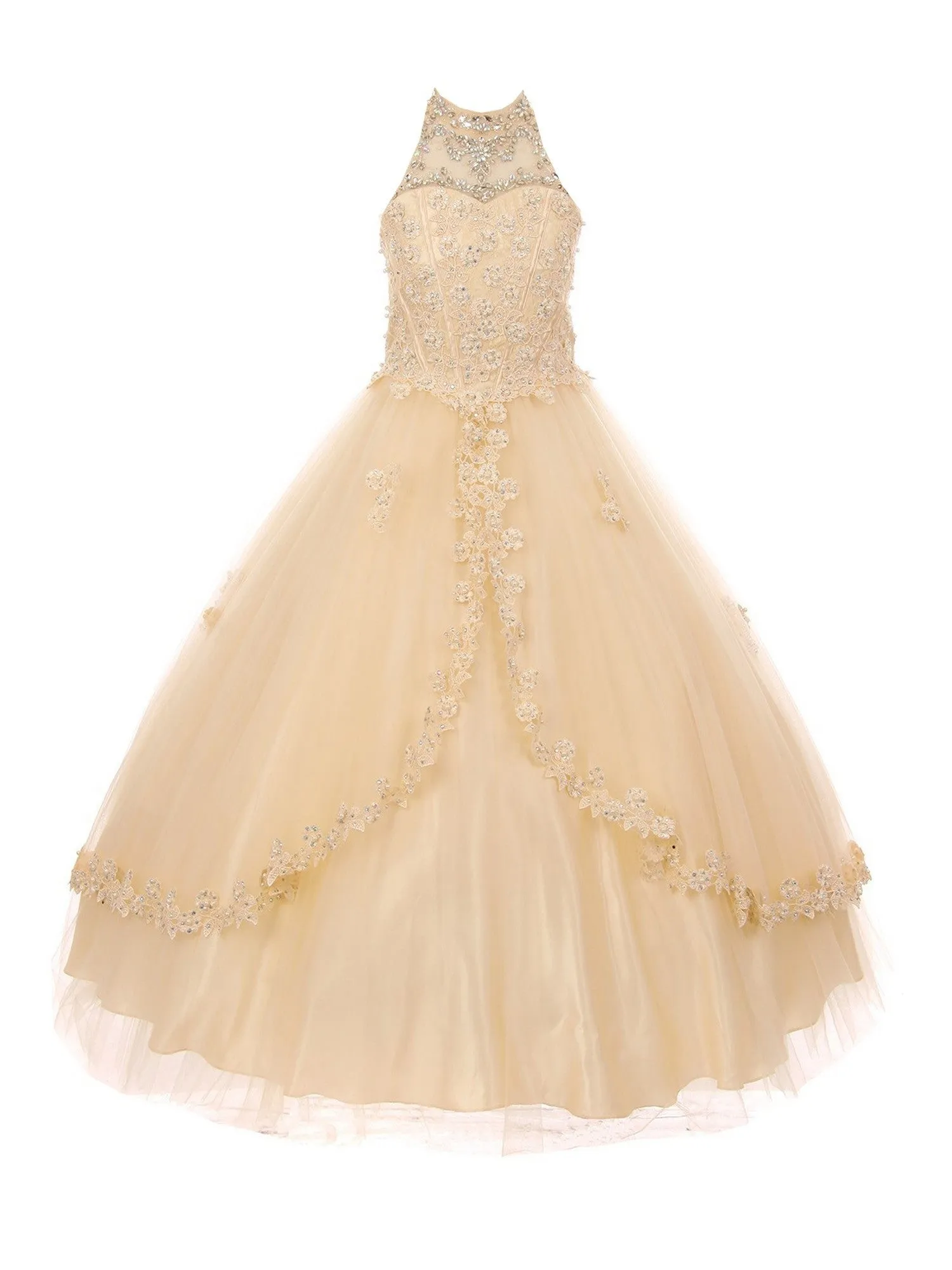 Little Girls Champagne Dazzling Rhinestone Pearls Halter Neck Pageant Dress 2-6