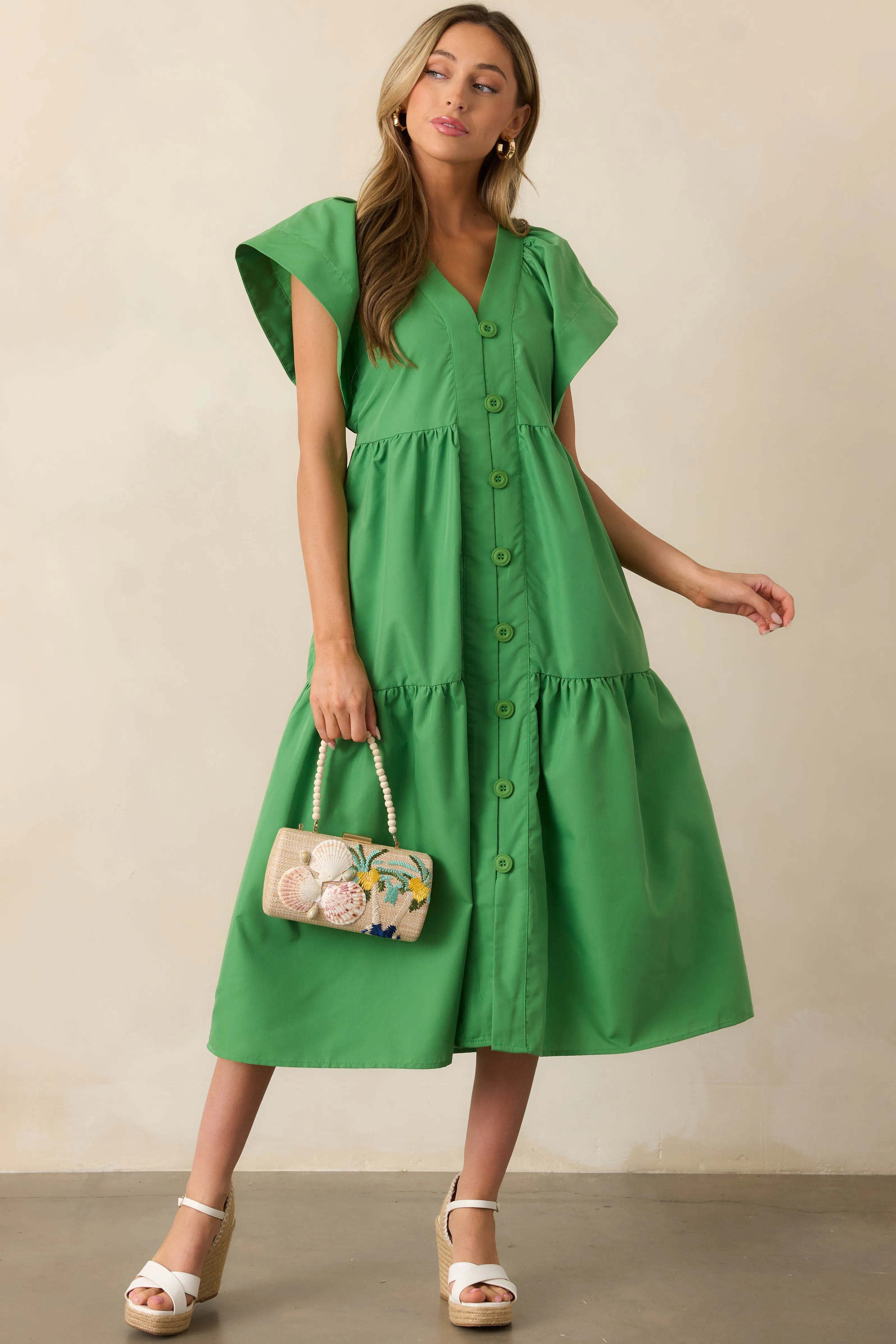 Living In A Small Town Green Button Front Midi Dress
