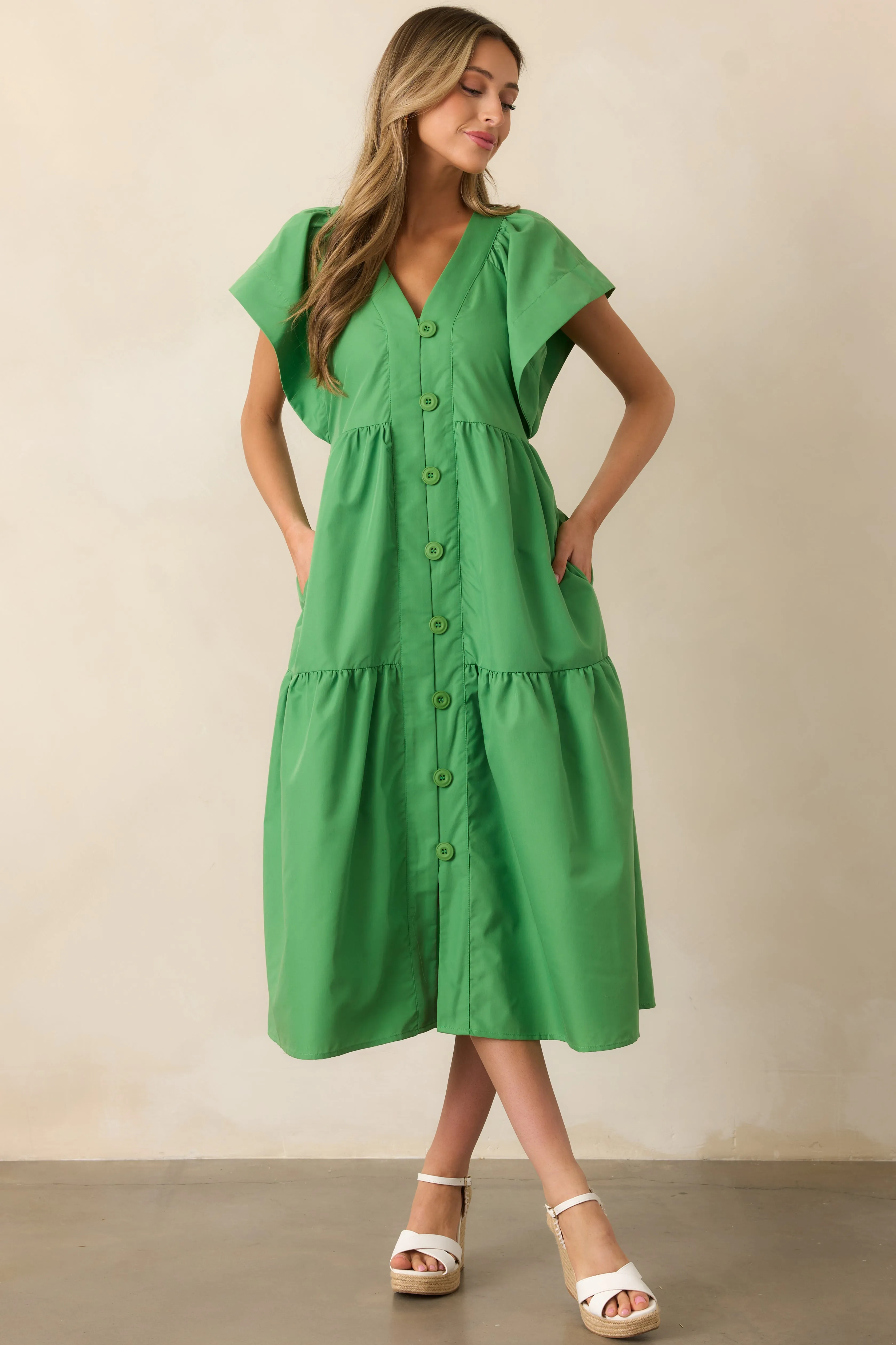 Living In A Small Town Green Button Front Midi Dress
