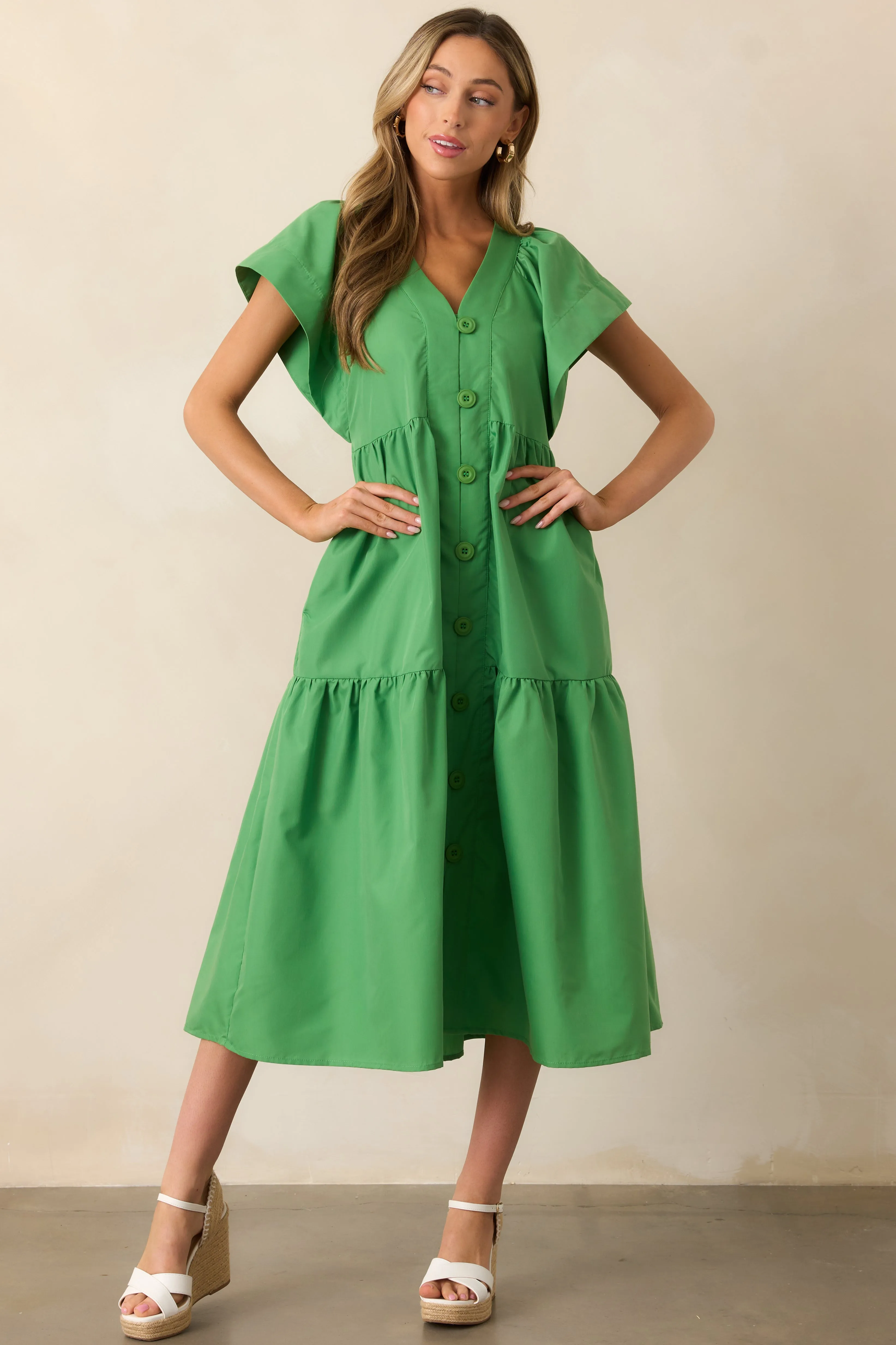 Living In A Small Town Green Button Front Midi Dress