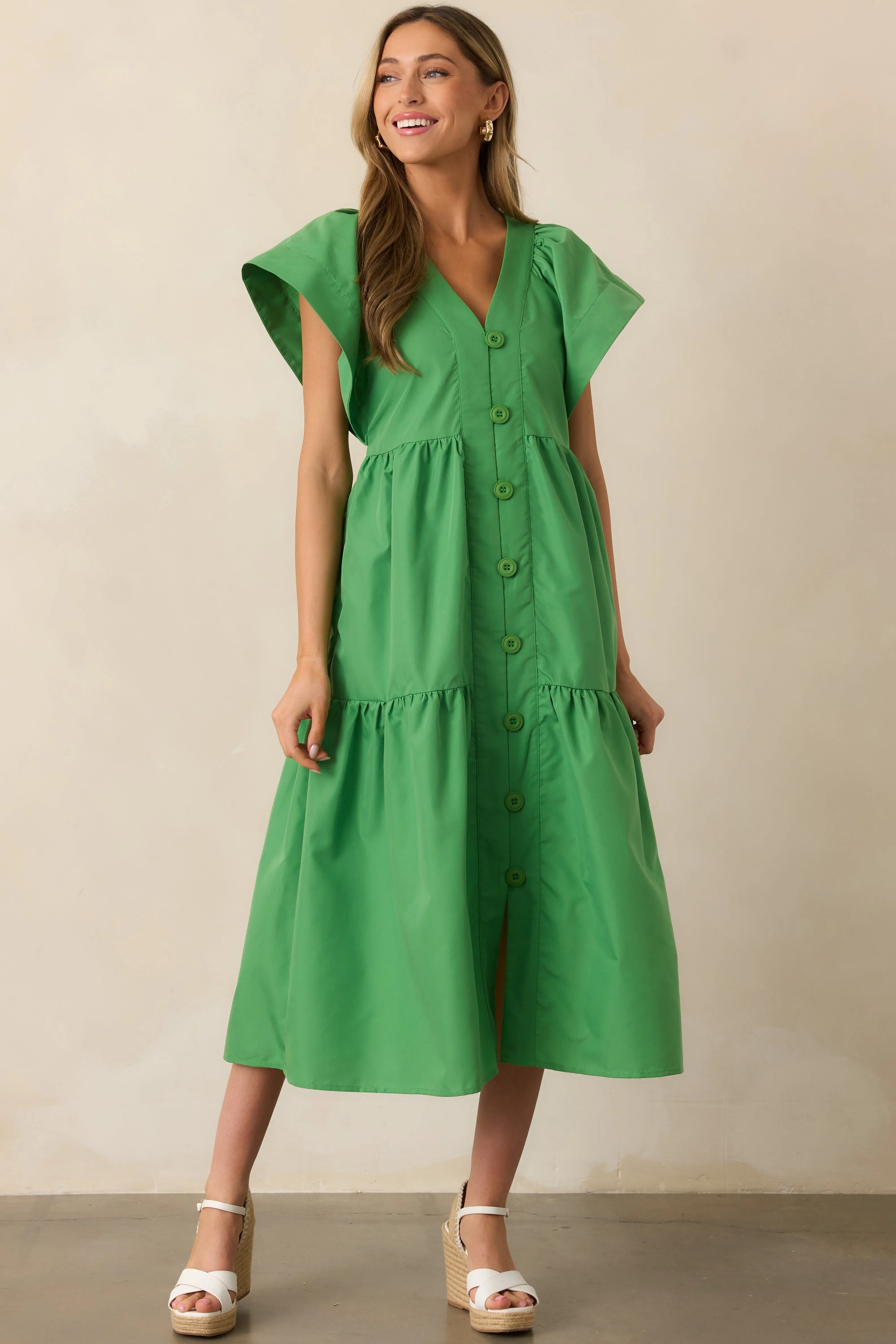 Living In A Small Town Green Button Front Midi Dress