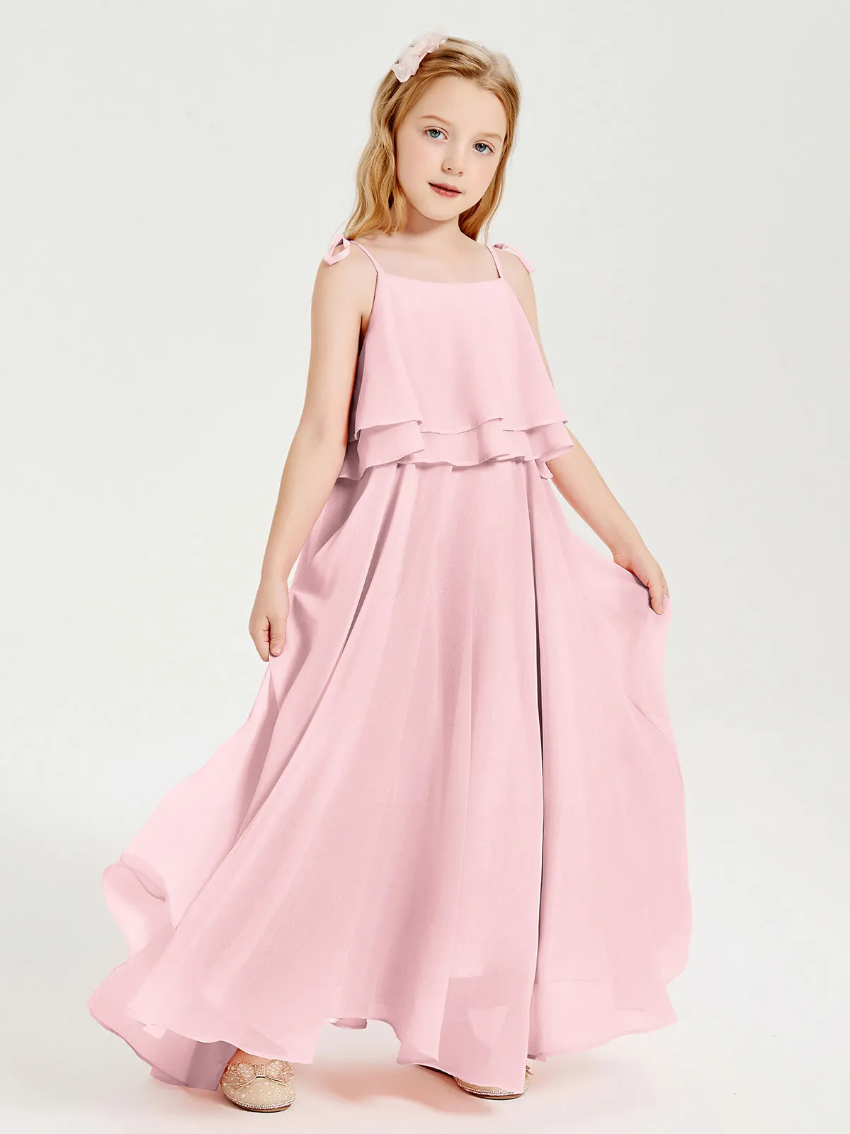 Long Chiffon Junior Bridesmaid Dresses Bowknot Spaghetti Straps Blushing Pink