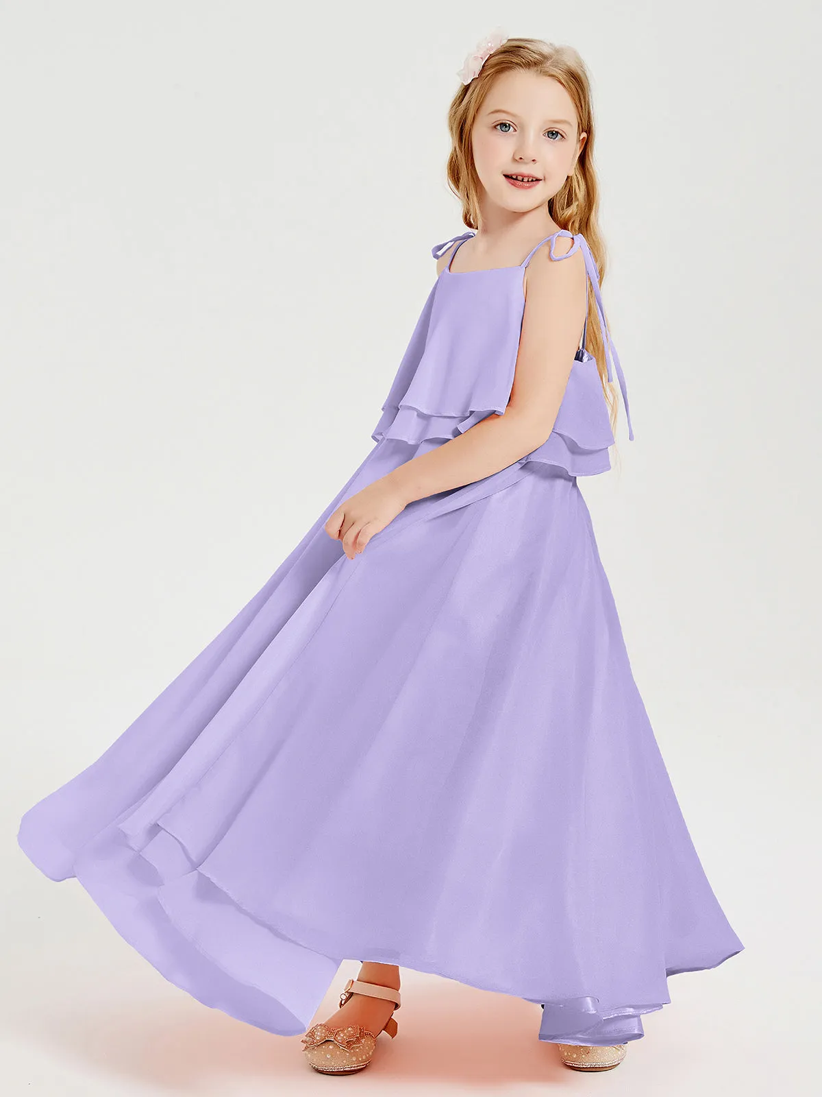 Long Chiffon Junior Bridesmaid Dresses Bowknot Spaghetti Straps Lilac