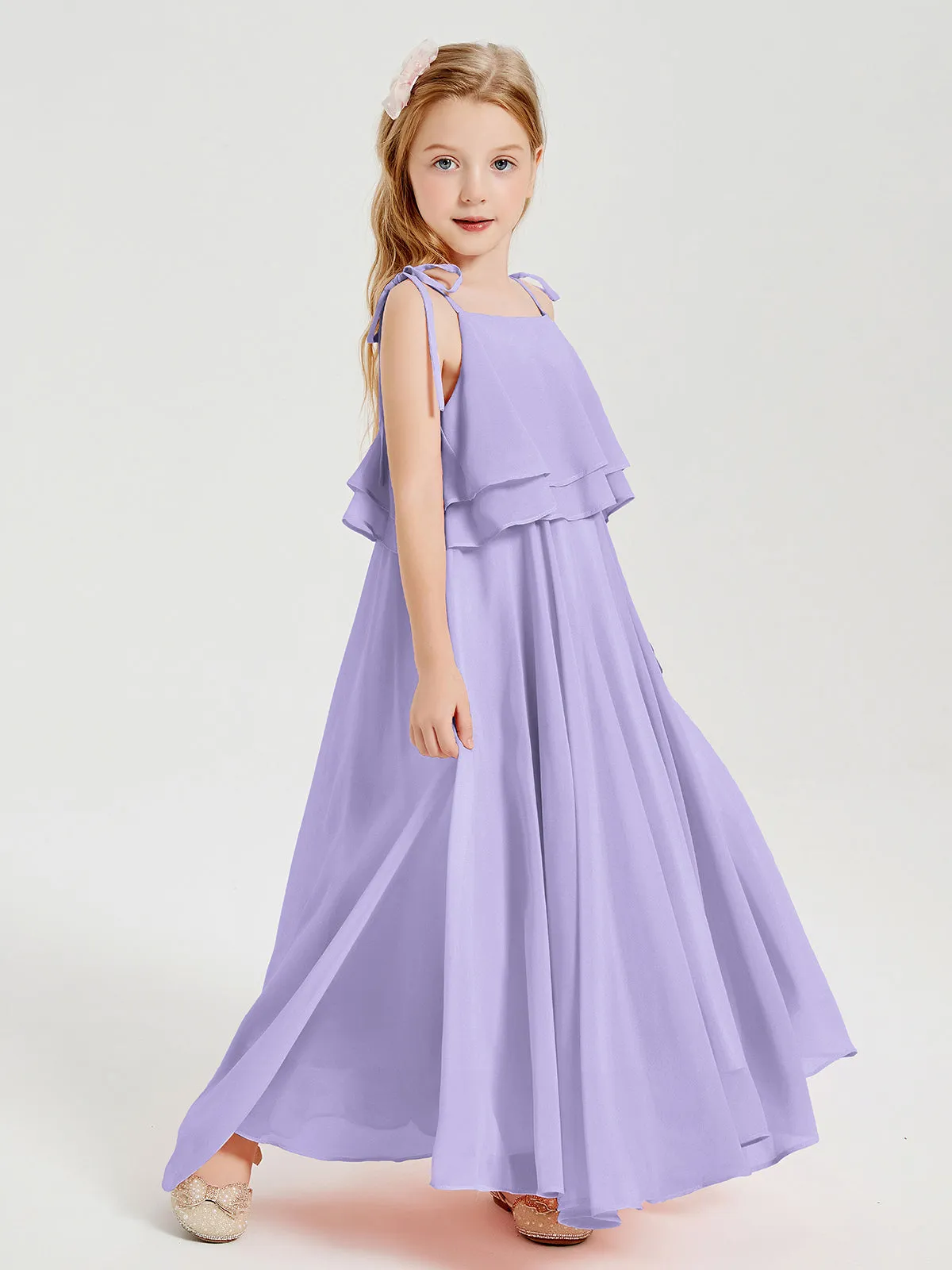 Long Chiffon Junior Bridesmaid Dresses Bowknot Spaghetti Straps Lilac