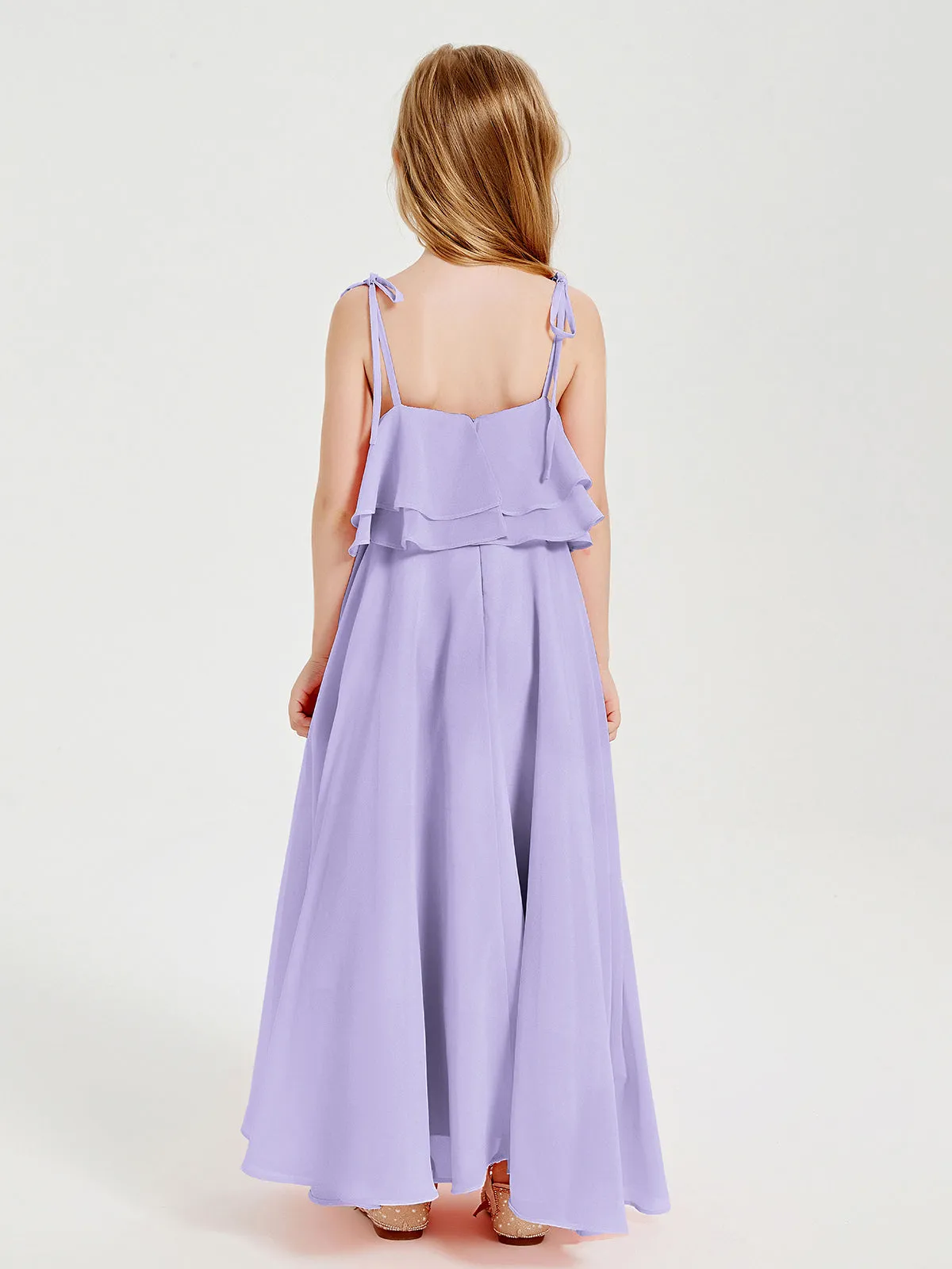 Long Chiffon Junior Bridesmaid Dresses Bowknot Spaghetti Straps Lilac