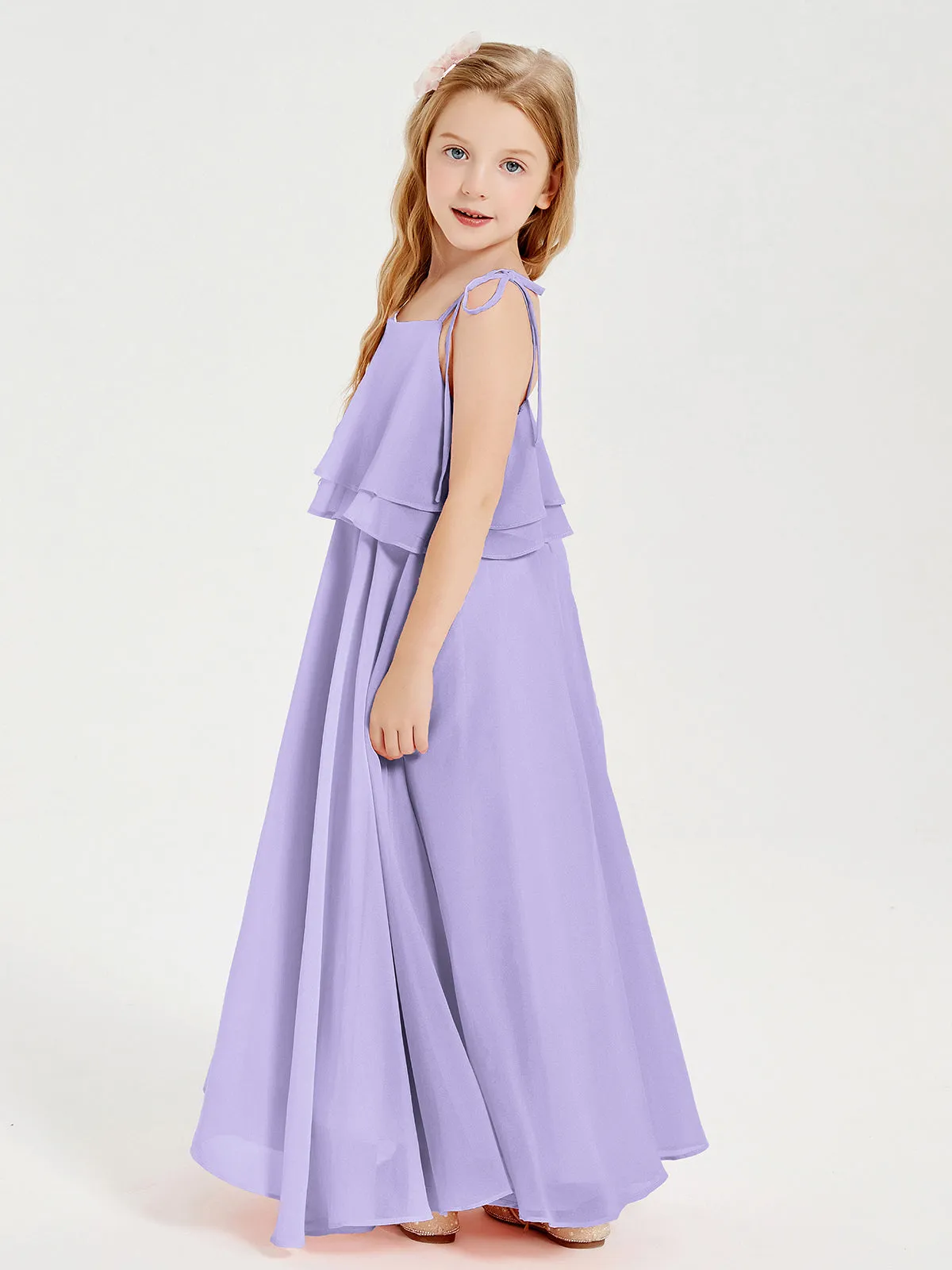 Long Chiffon Junior Bridesmaid Dresses Bowknot Spaghetti Straps Lilac