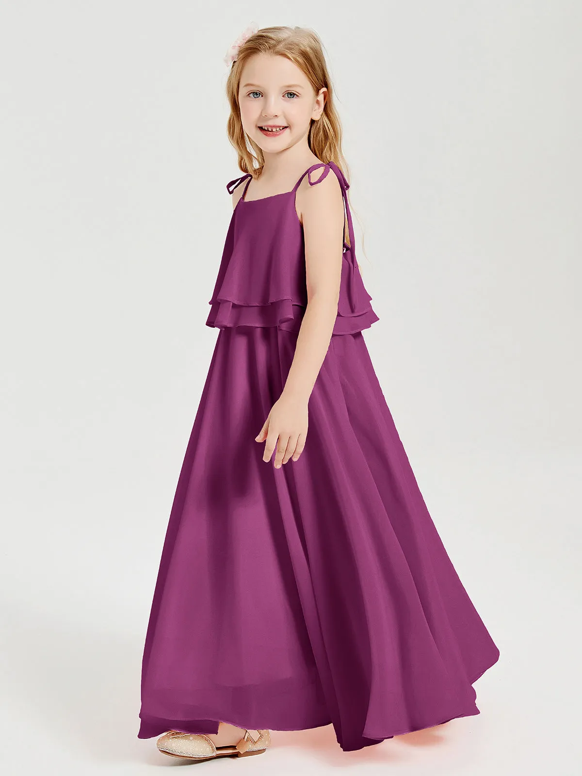 Long Chiffon Junior Bridesmaid Dresses Bowknot Spaghetti Straps Orchid