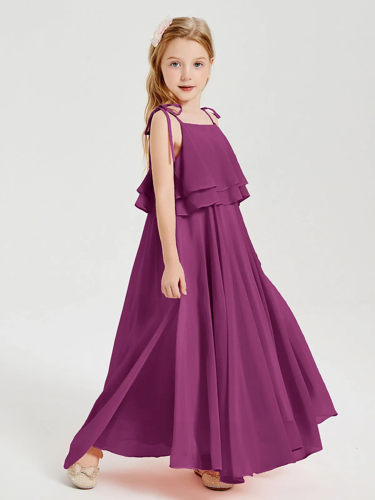 Long Chiffon Junior Bridesmaid Dresses Bowknot Spaghetti Straps Orchid