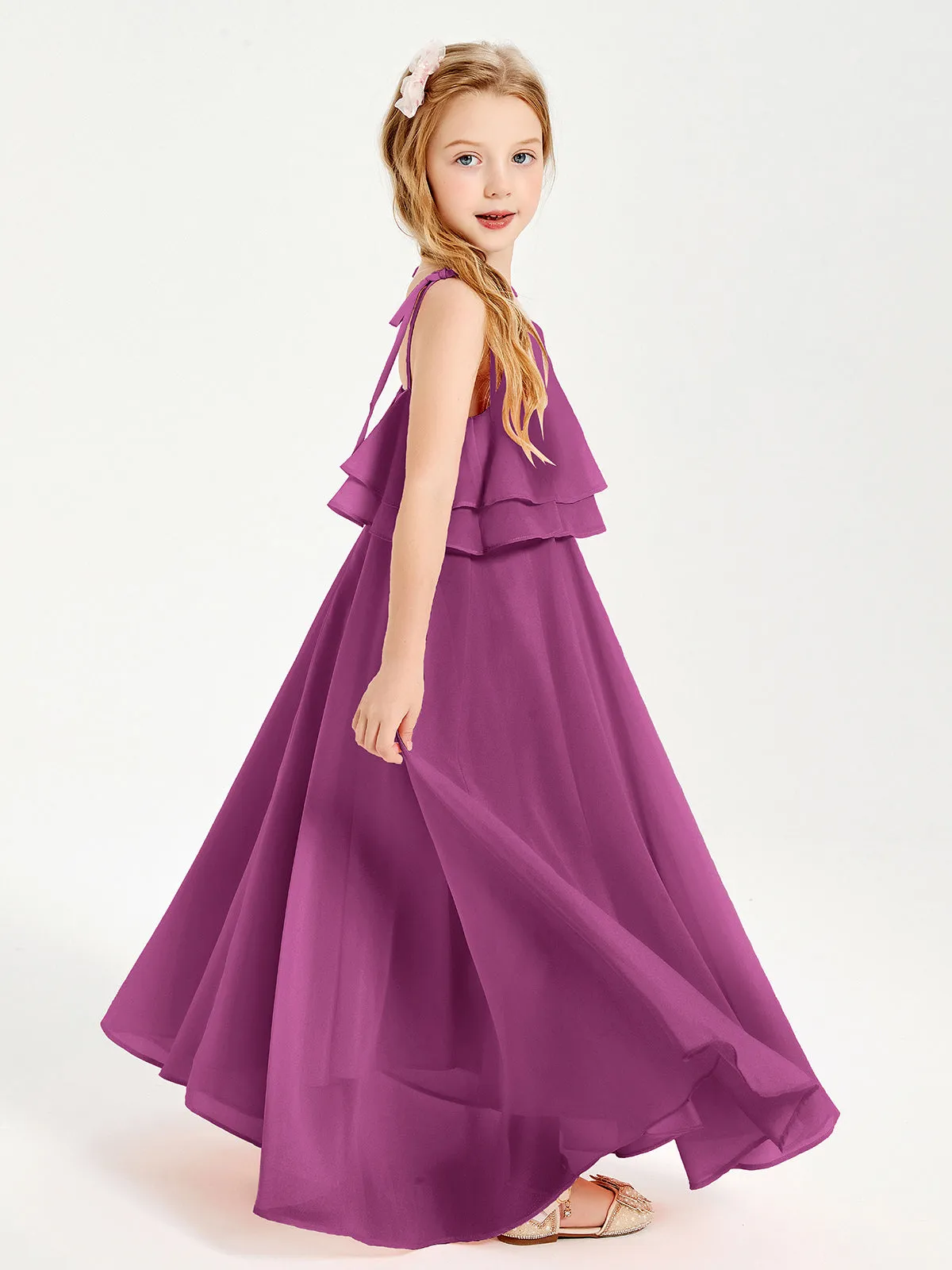 Long Chiffon Junior Bridesmaid Dresses Bowknot Spaghetti Straps Orchid