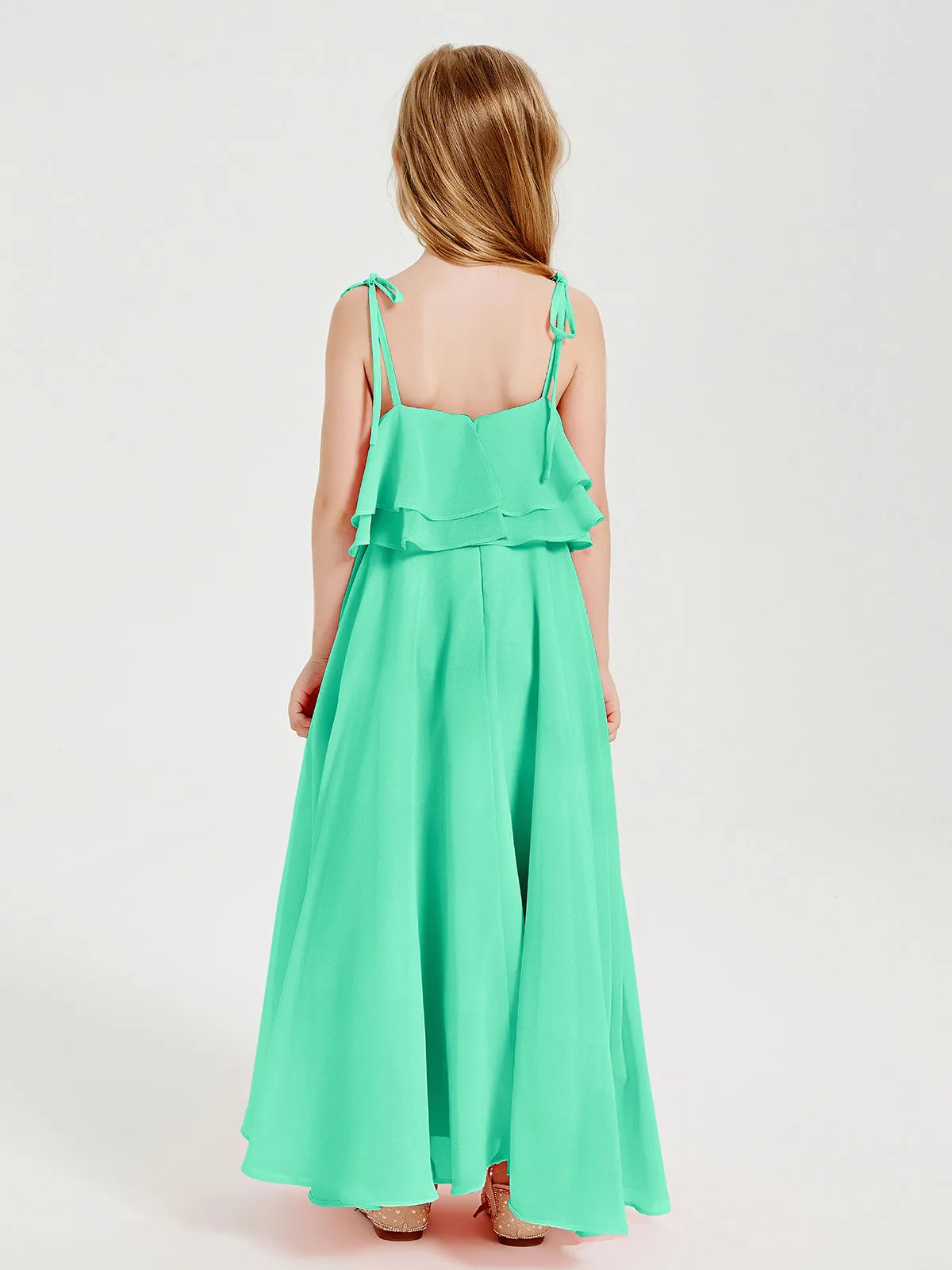 Long Chiffon Junior Bridesmaid Dresses Bowknot Spaghetti Straps Turquoise
