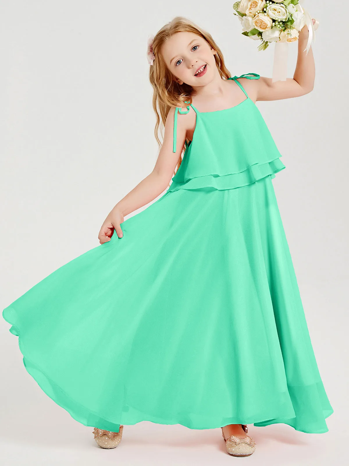 Long Chiffon Junior Bridesmaid Dresses Bowknot Spaghetti Straps Turquoise