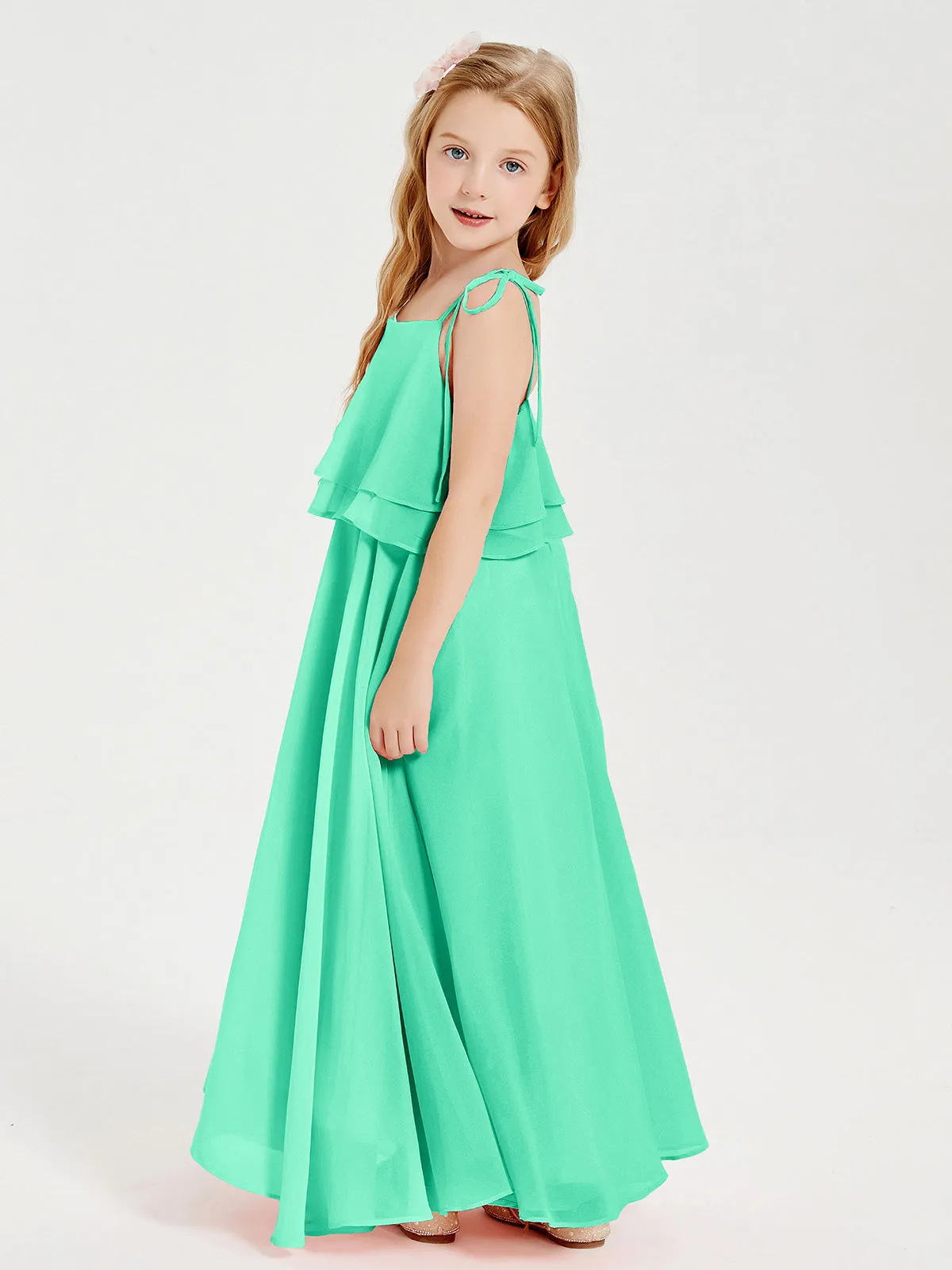 Long Chiffon Junior Bridesmaid Dresses Bowknot Spaghetti Straps Turquoise