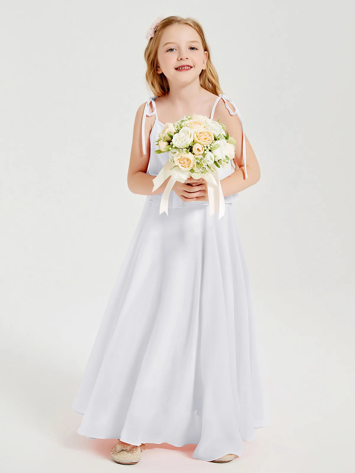 Long Chiffon Junior Bridesmaid Dresses Bowknot Spaghetti Straps White