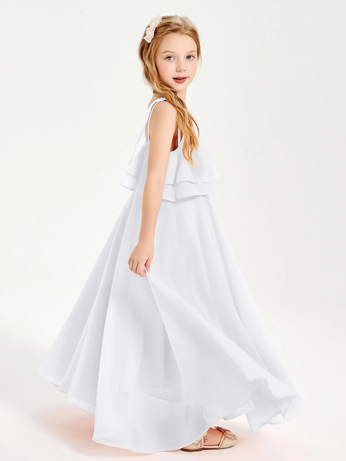 Long Chiffon Junior Bridesmaid Dresses Bowknot Spaghetti Straps White