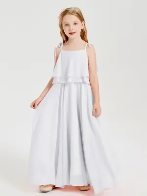 Long Chiffon Junior Bridesmaid Dresses Bowknot Spaghetti Straps White