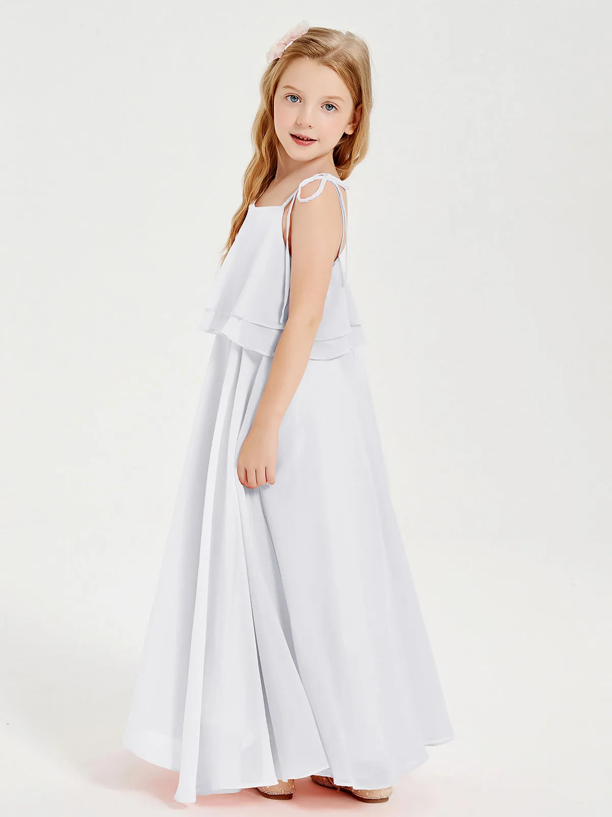 Long Chiffon Junior Bridesmaid Dresses Bowknot Spaghetti Straps White