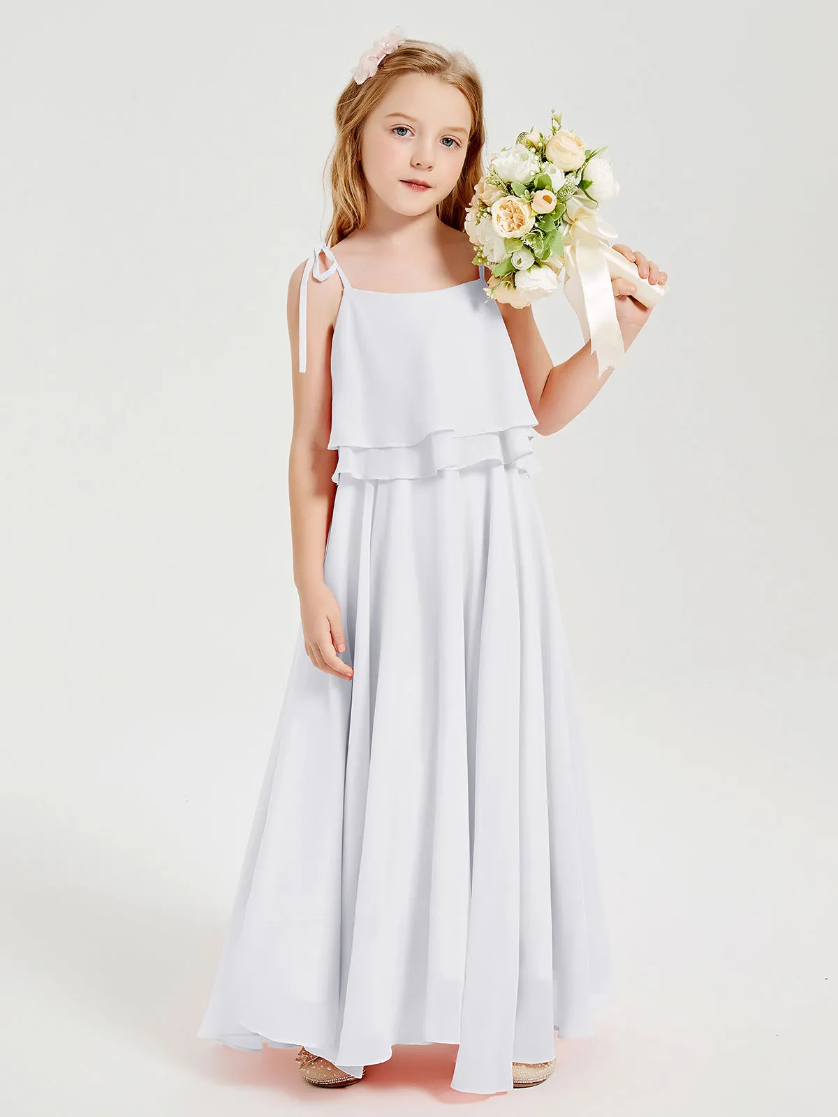 Long Chiffon Junior Bridesmaid Dresses Bowknot Spaghetti Straps White