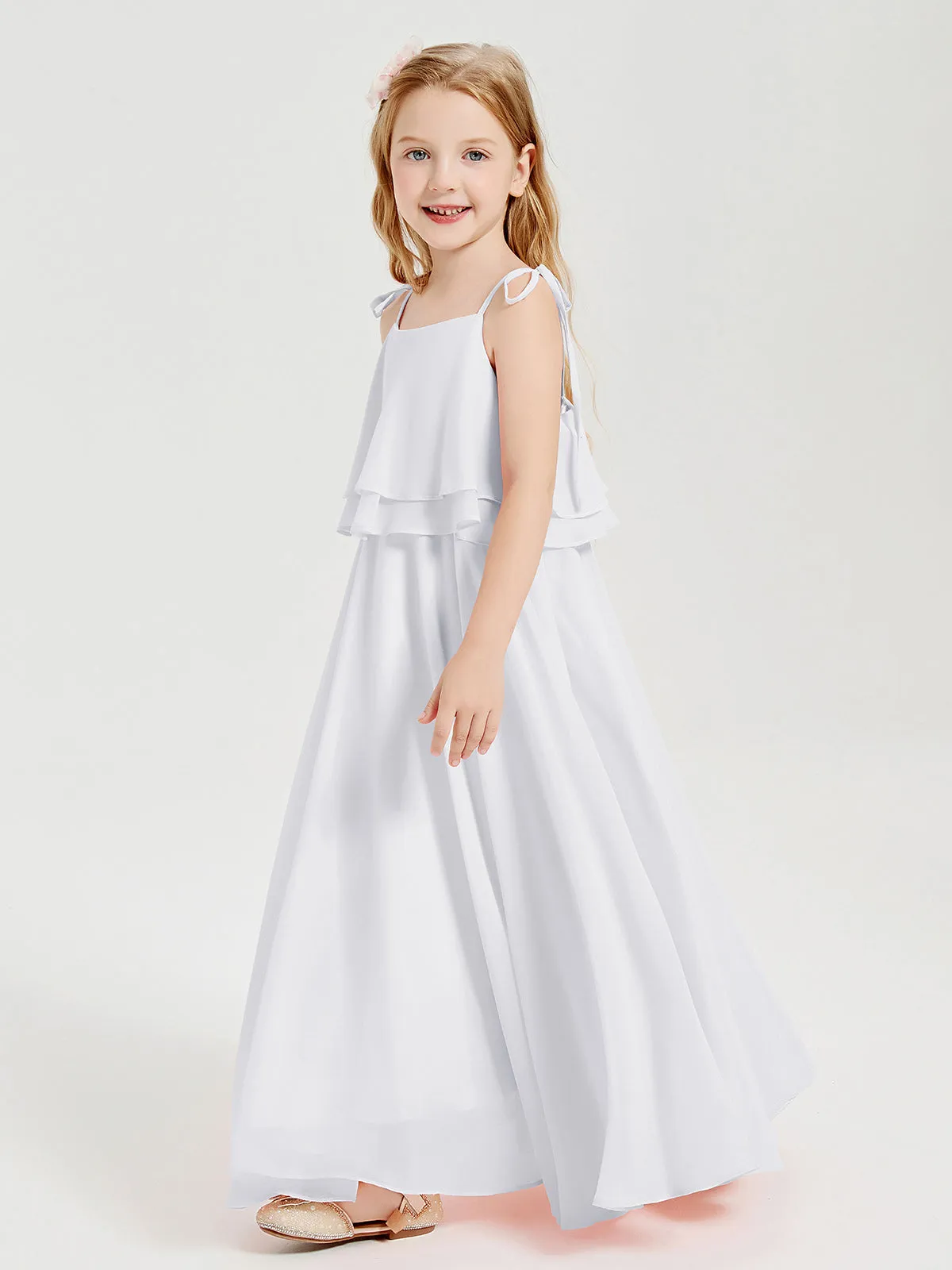 Long Chiffon Junior Bridesmaid Dresses Bowknot Spaghetti Straps White