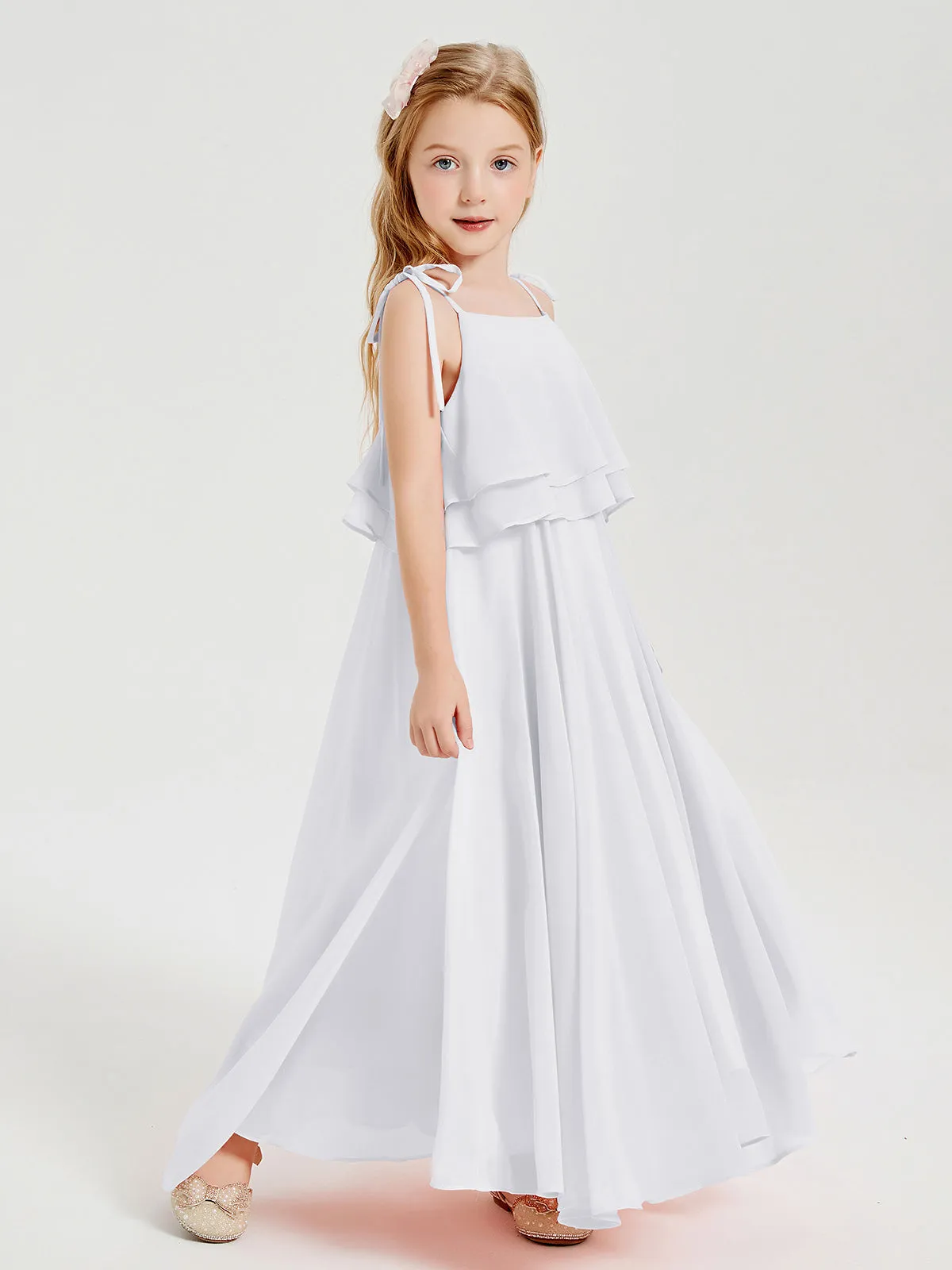 Long Chiffon Junior Bridesmaid Dresses Bowknot Spaghetti Straps White