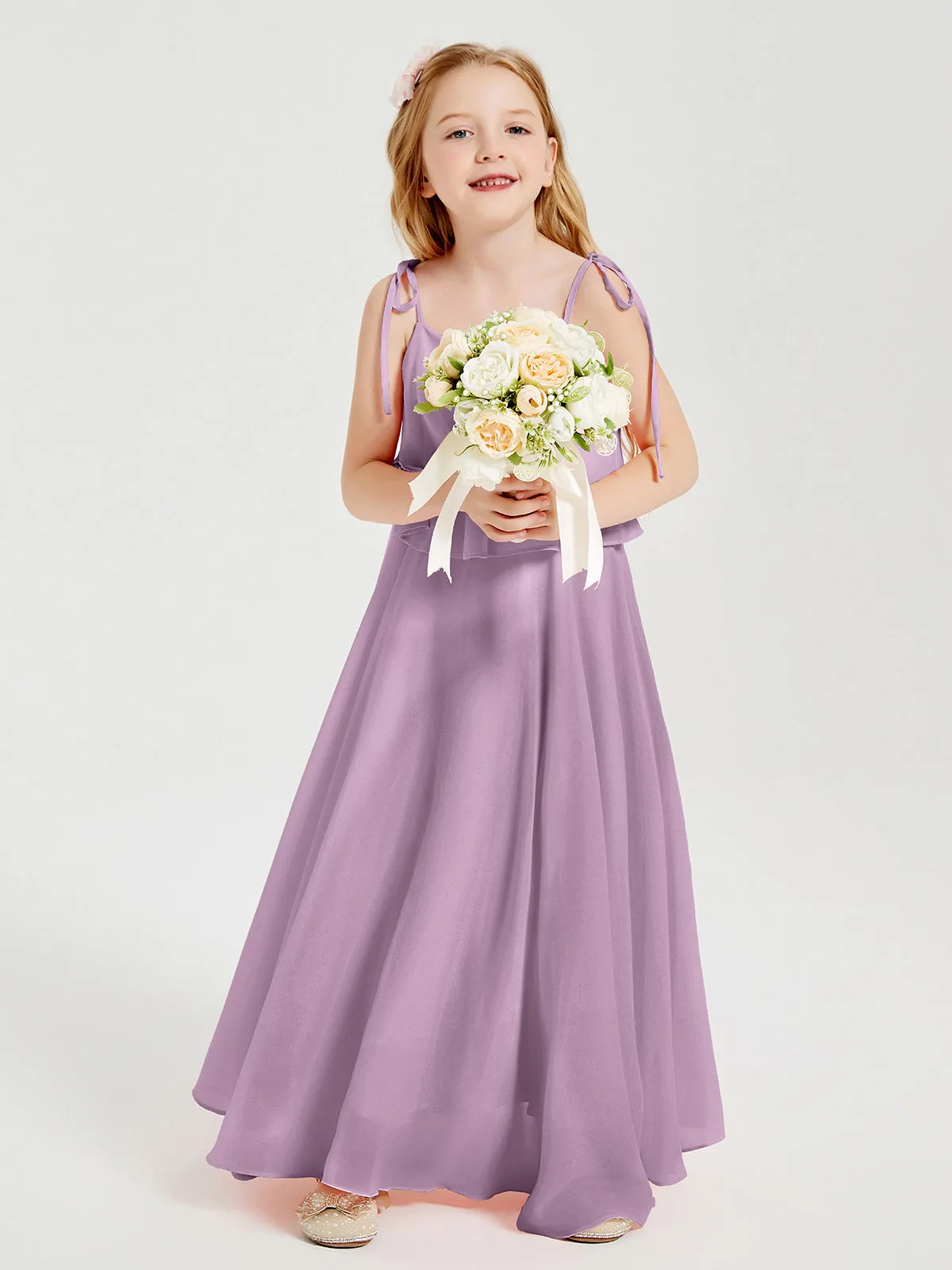 Long Chiffon Junior Bridesmaid Dresses Bowknot Spaghetti Straps Wisteria