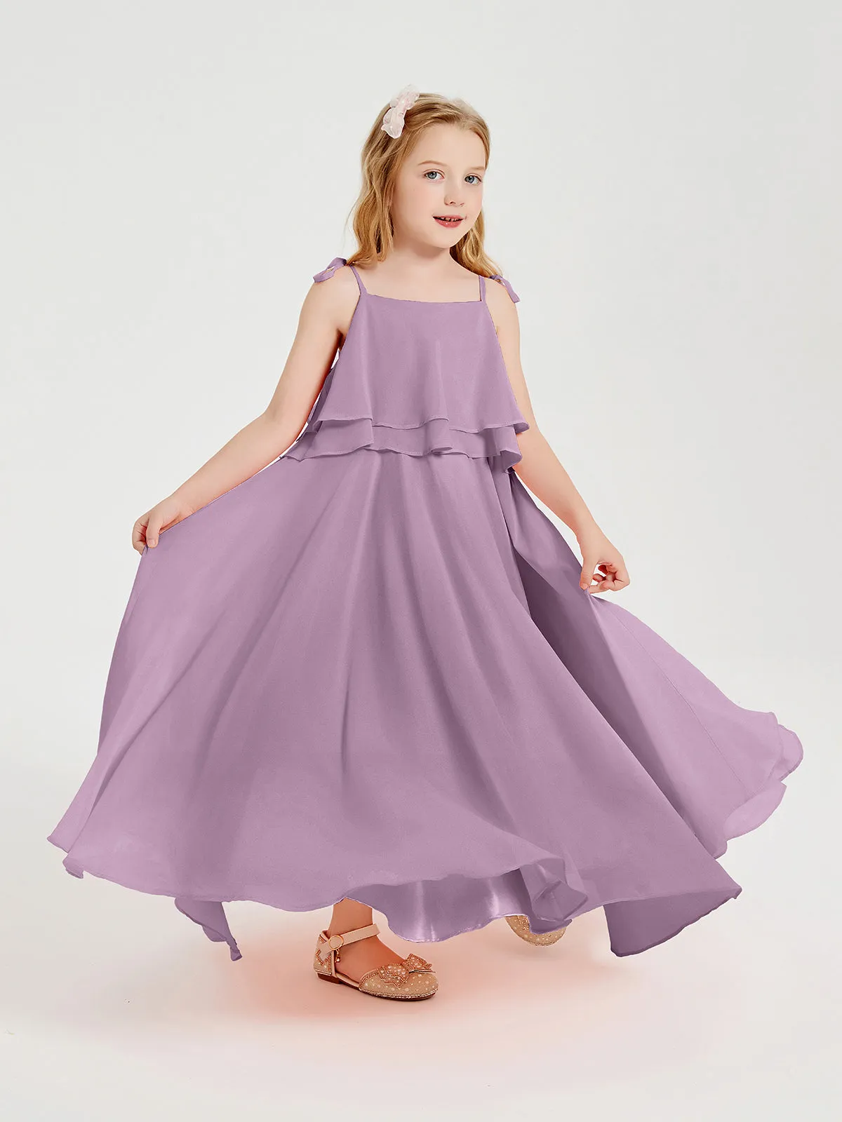 Long Chiffon Junior Bridesmaid Dresses Bowknot Spaghetti Straps Wisteria