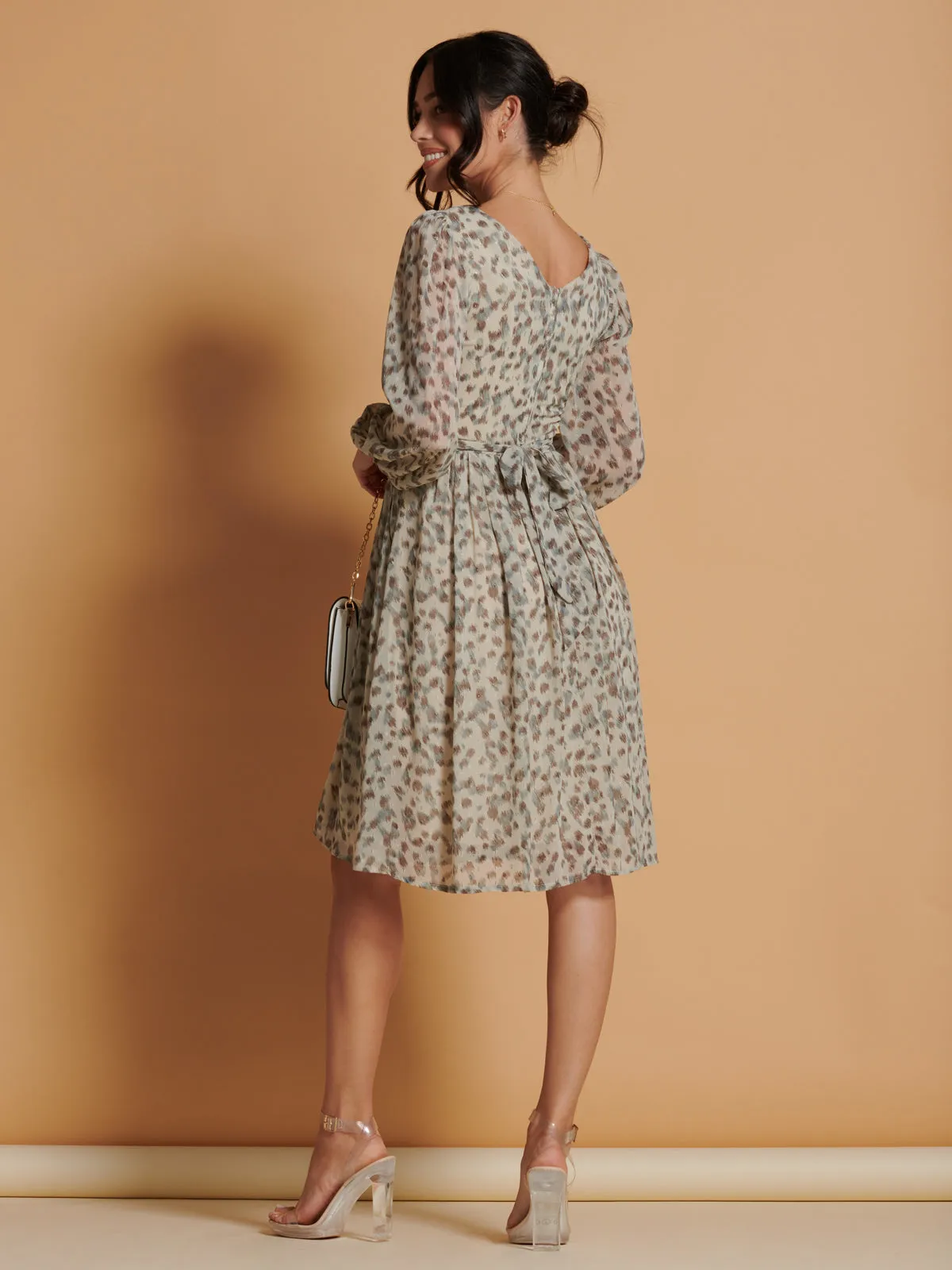 Long Sleeve Chiffon Midi Dress, Animal Multi