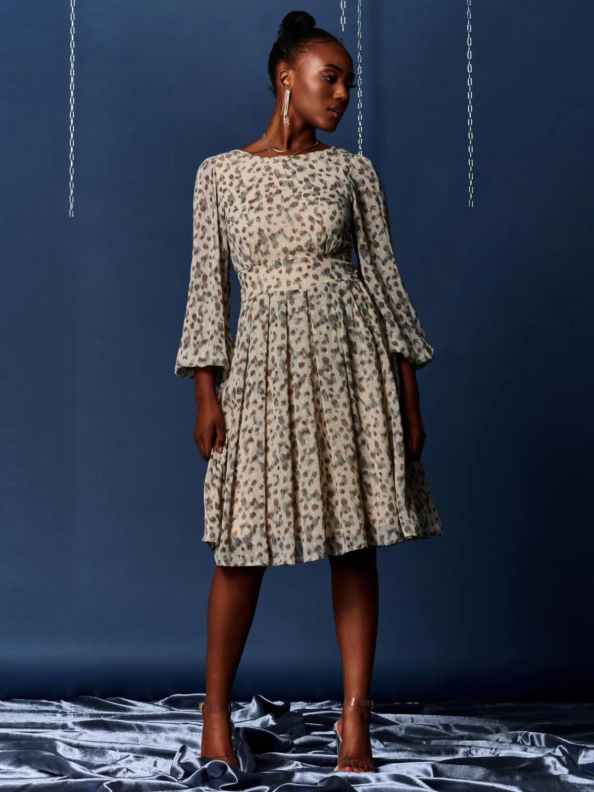 Long Sleeve Chiffon Midi Dress, Animal Multi