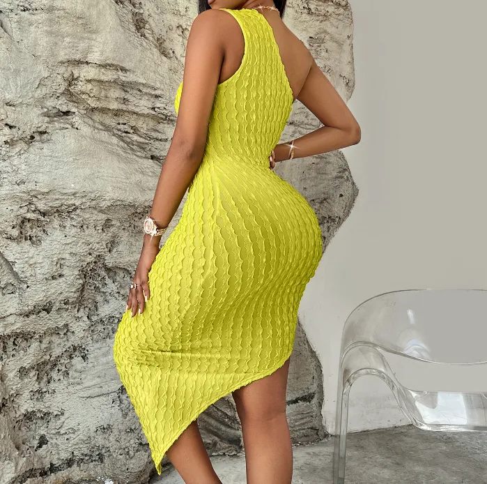 Luexco Women's Slant Neck Solid Fit Wrap Bodycon Hip Dress